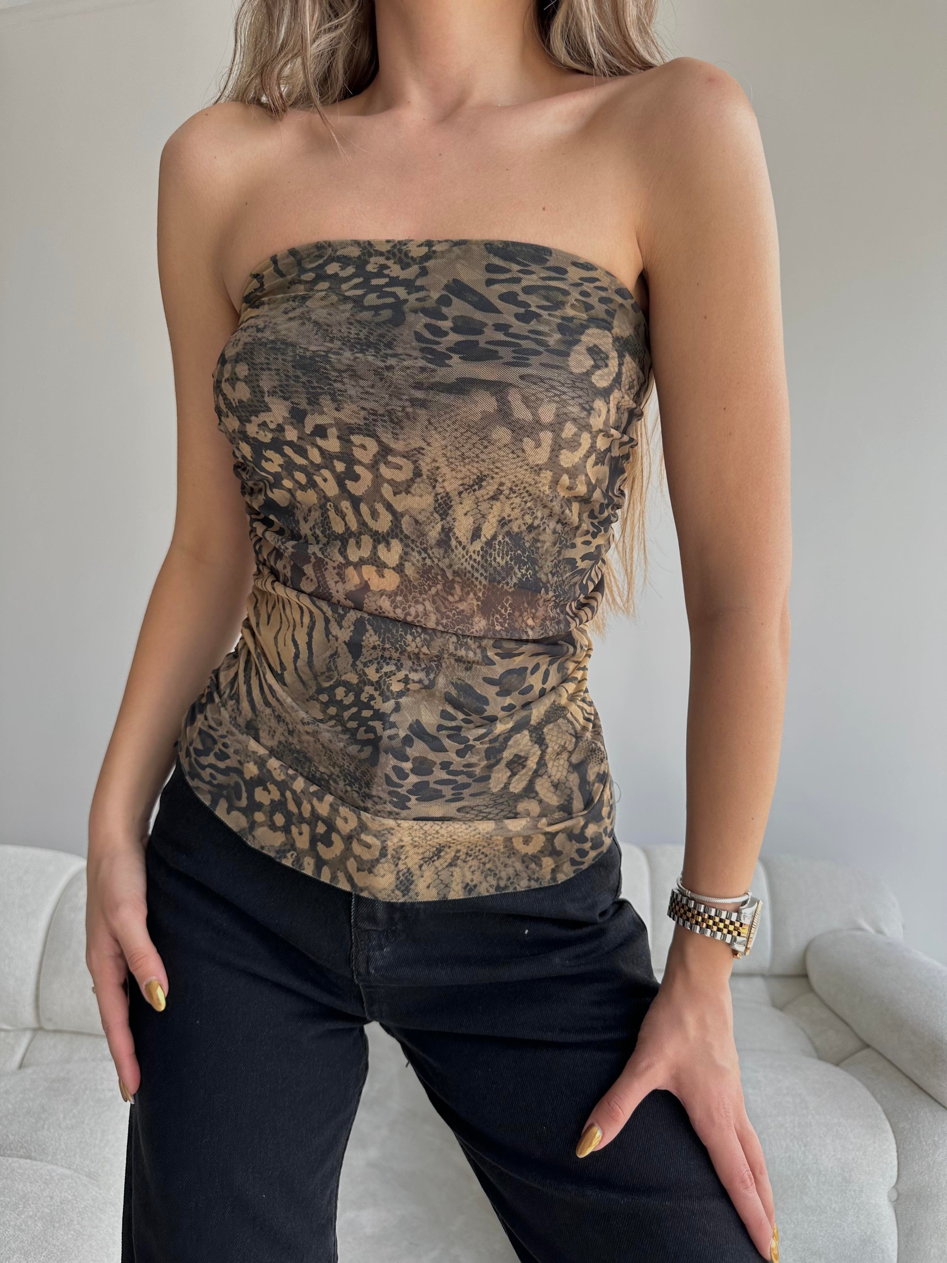 Amora Batik Straplez Büzgülü Crop Leopar