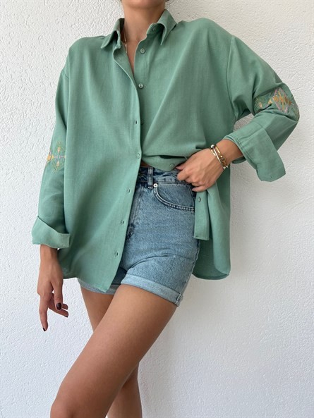 Kol Nakış İşleme Oversize Keten Gömlek Mint