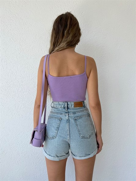 Dantel Detay Askılı Crop Bluz Lila
