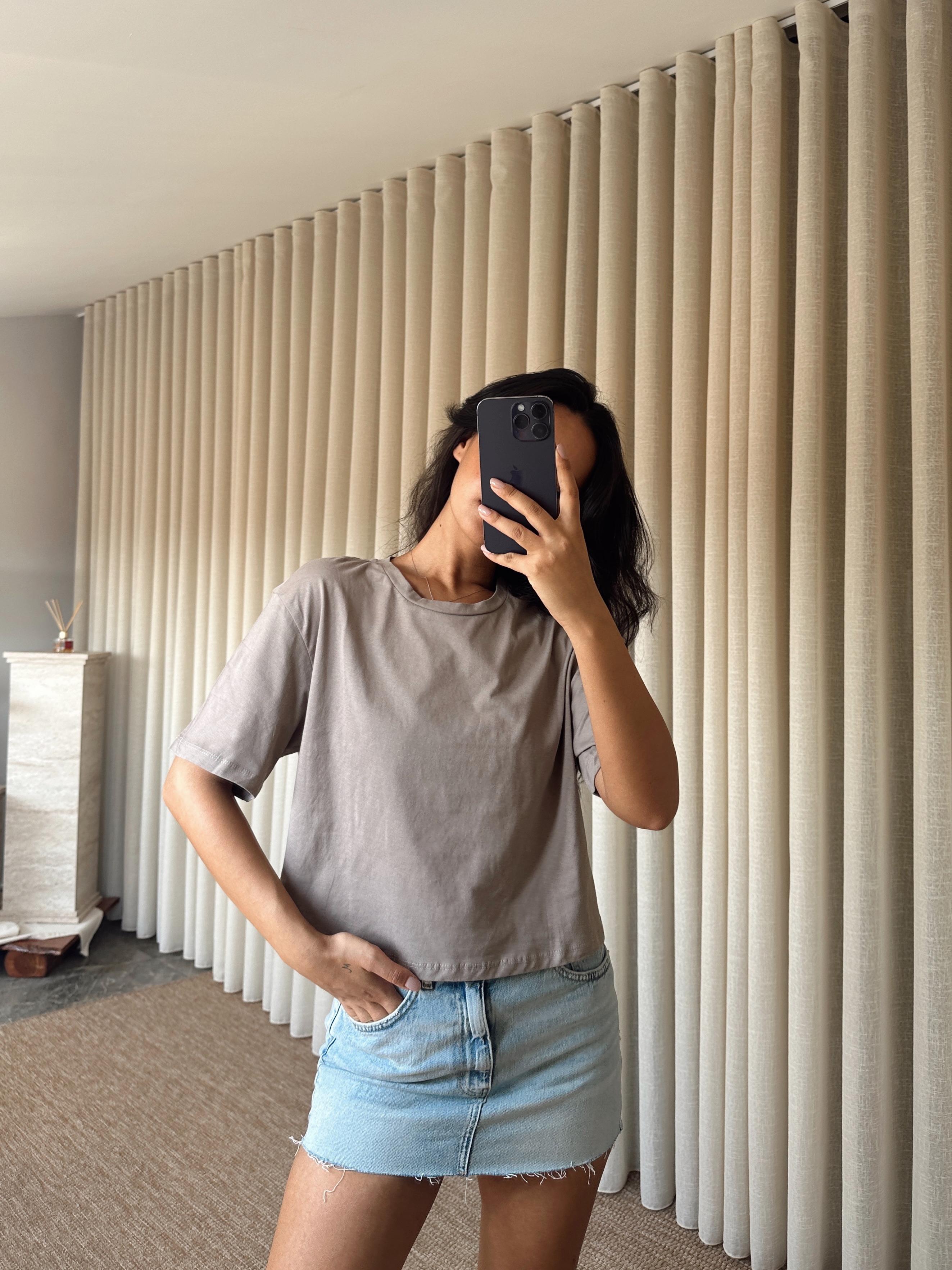 Düz Kısa Kol Crop Basic - Vizon