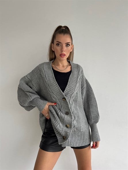 Düğmeli Oversize Örgü Hırka Koyu Gri
