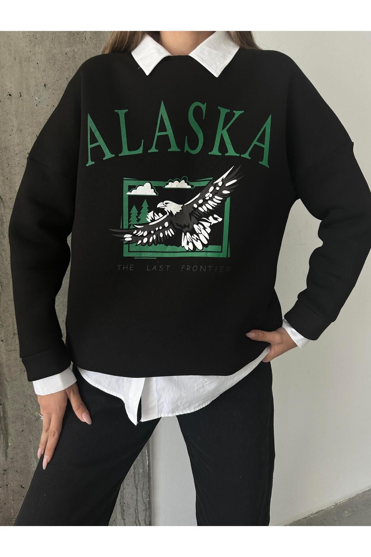 Alaska Üç İplik Şardonlu Oversize Sweat Siyah