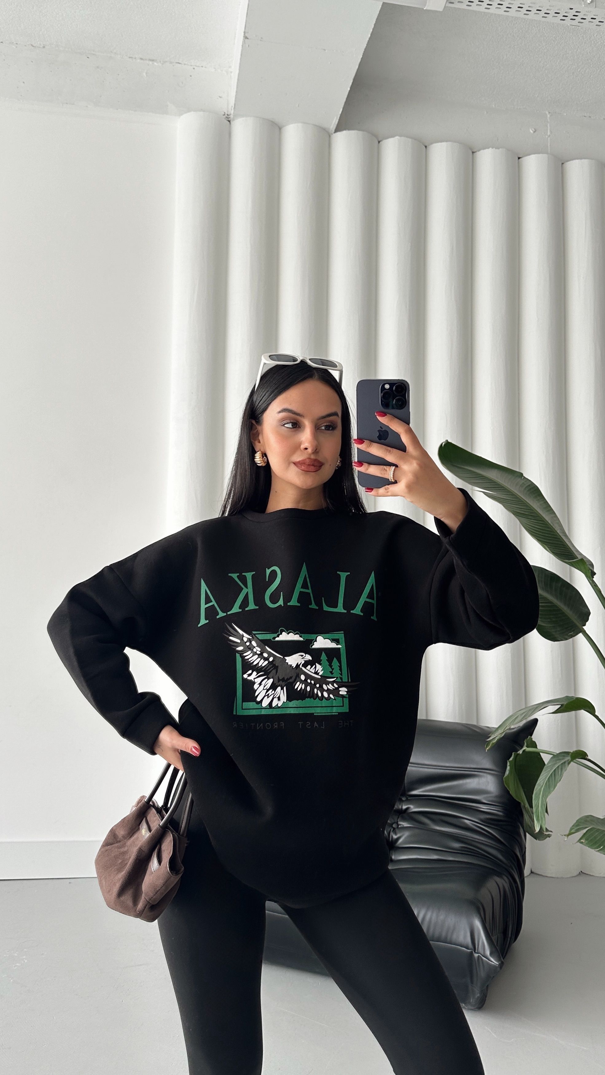 Alaska Üç İplik Şardonlu Oversize Sweat Siyah