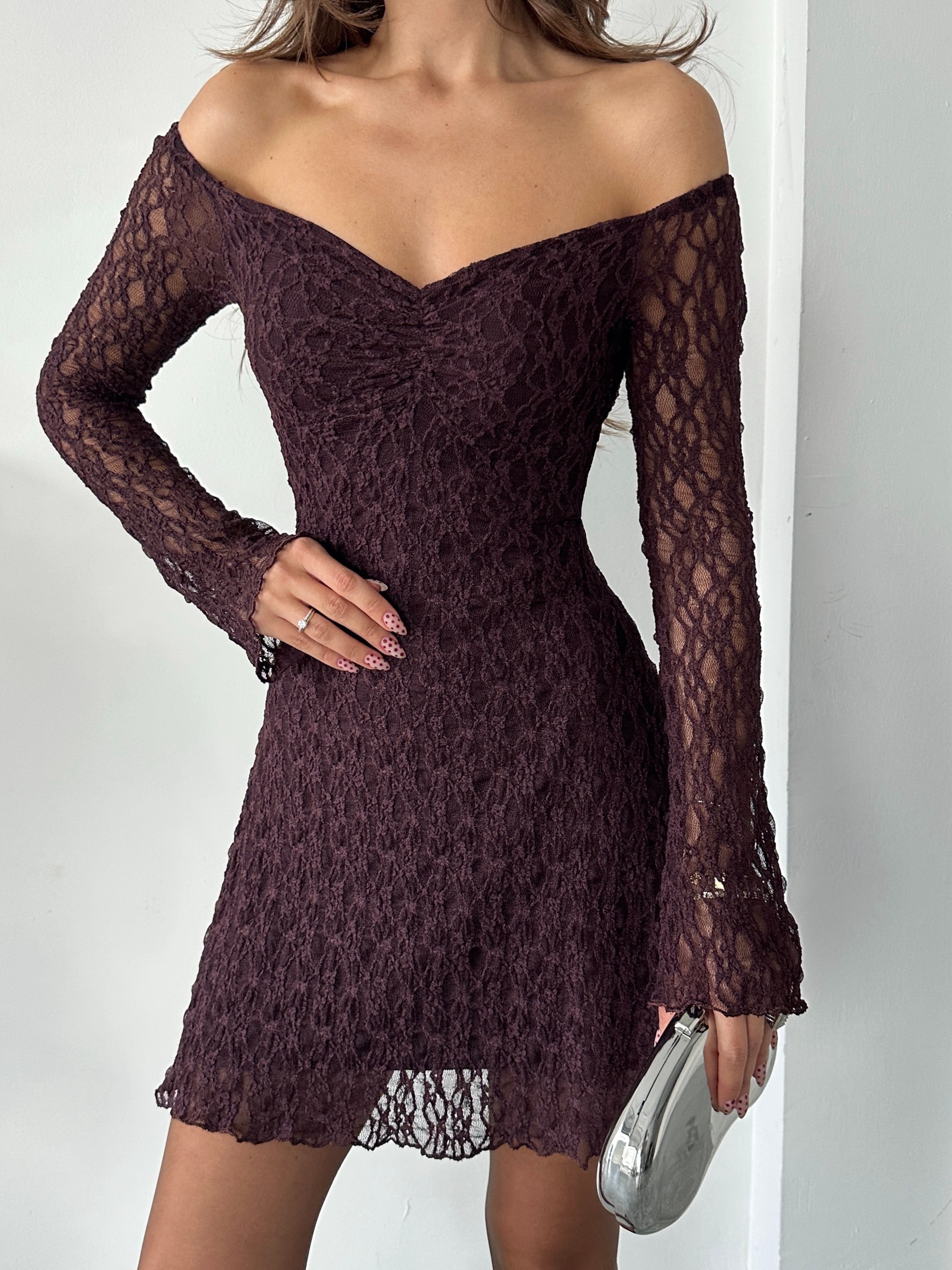 Mini Dantel Elbise - Mürdüm