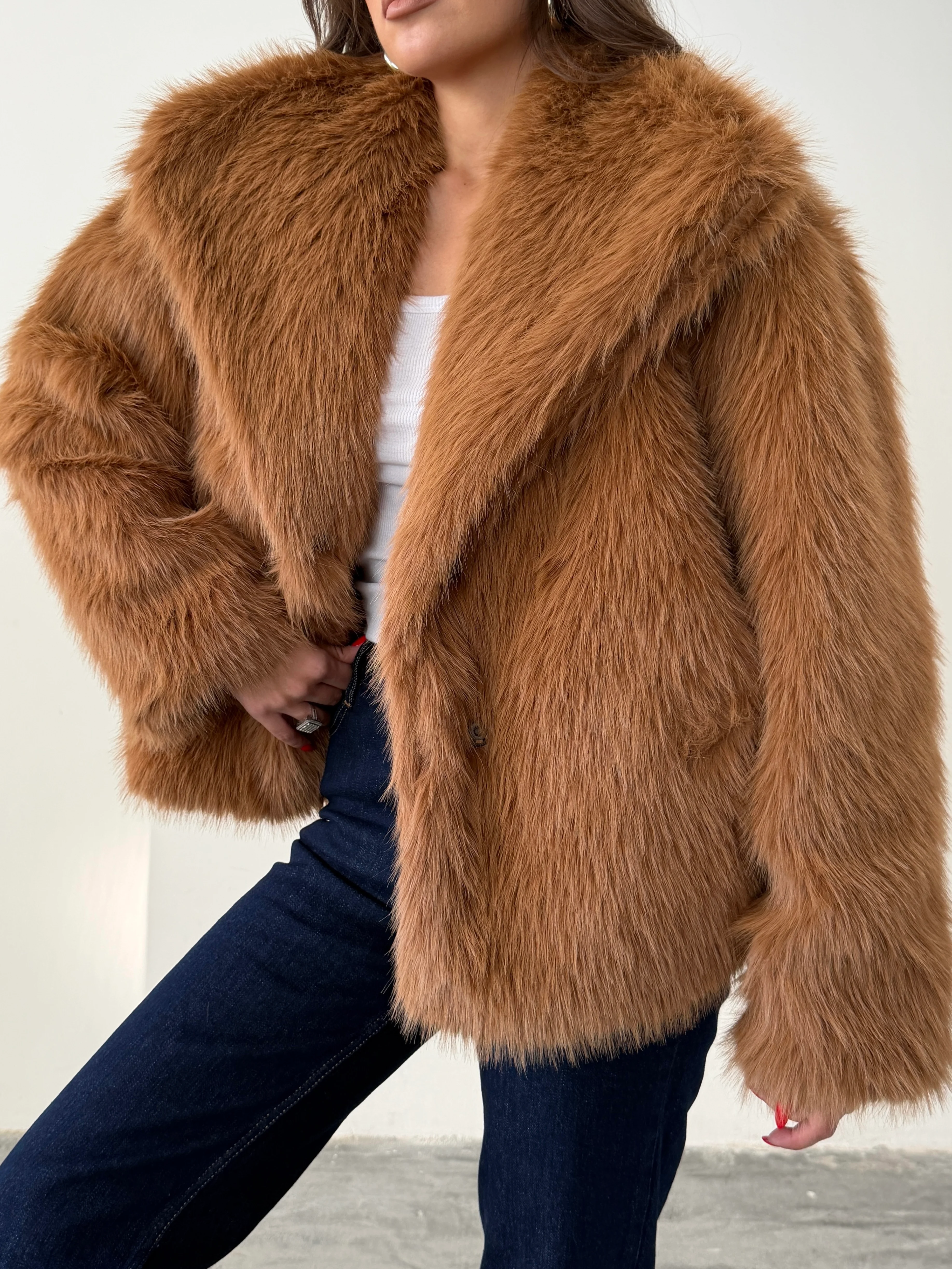 Çıtçıtlı Suni Kürk Ceket - Taba