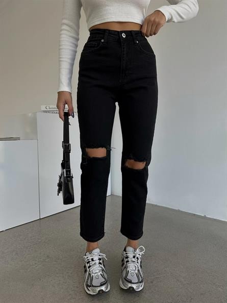Distressed Mom Jean Siyah