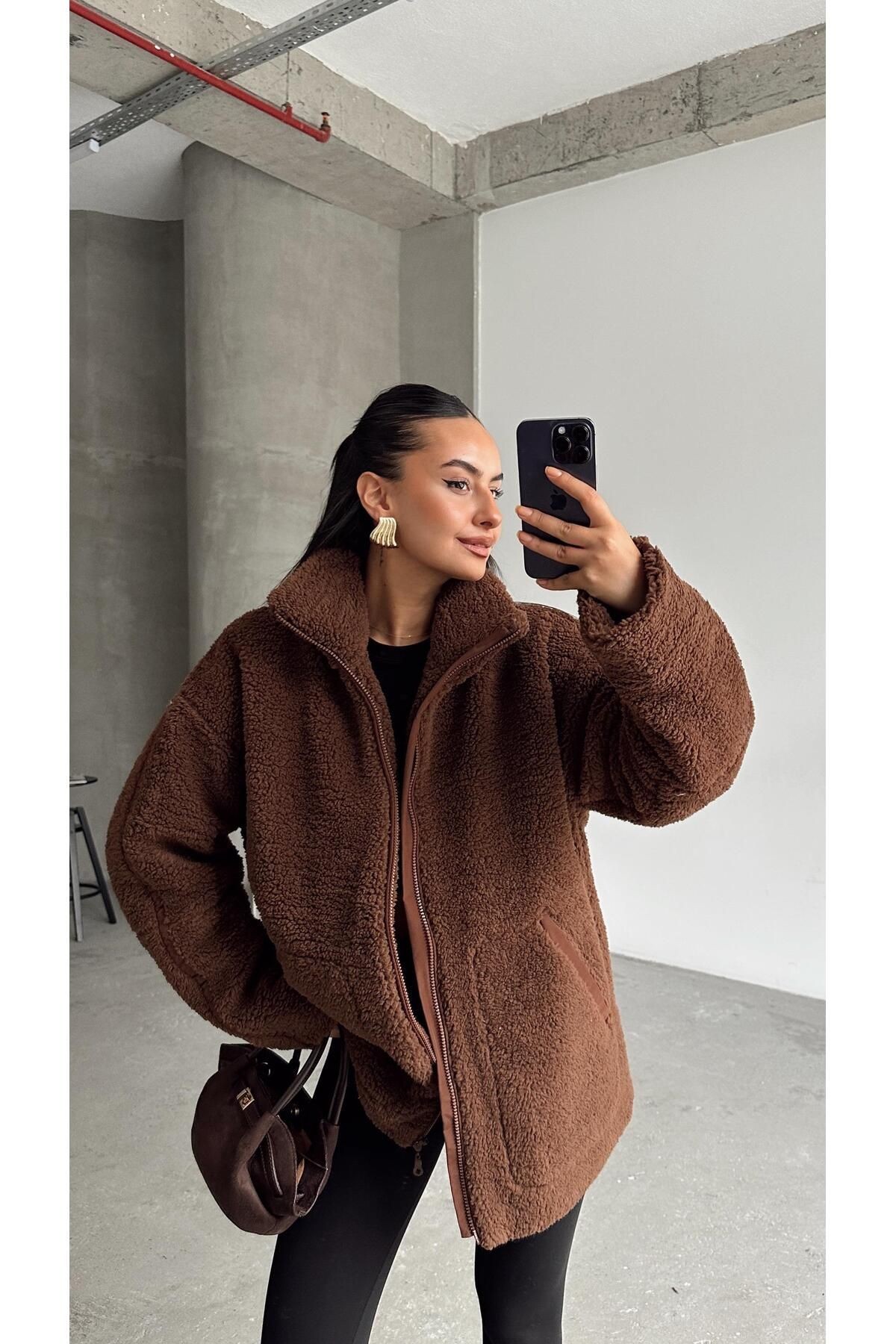 İç Astarlı Oversize Peluş Mont Kahverengi