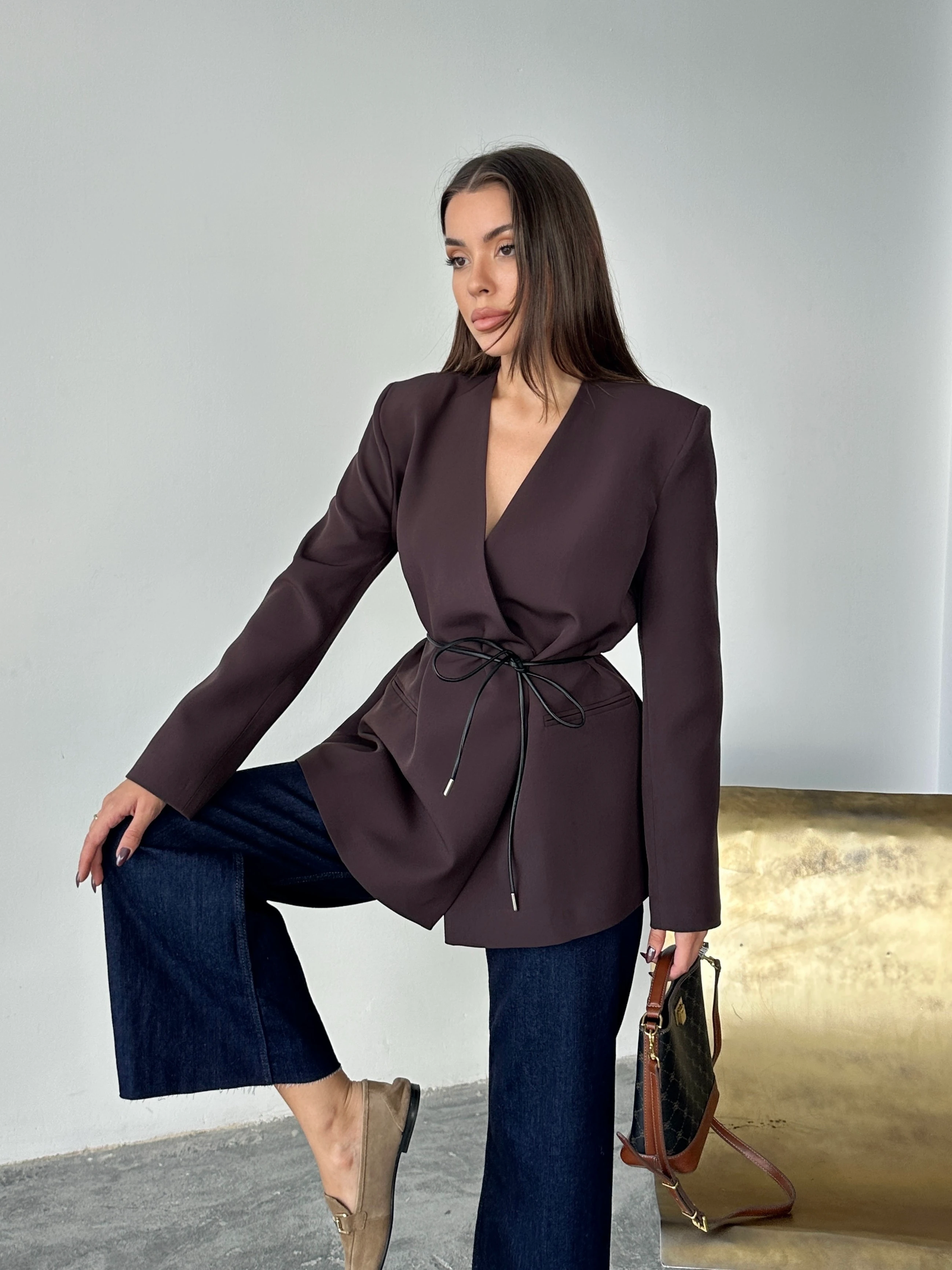 Deri Kemerli Blazer Ceket - Mürdüm