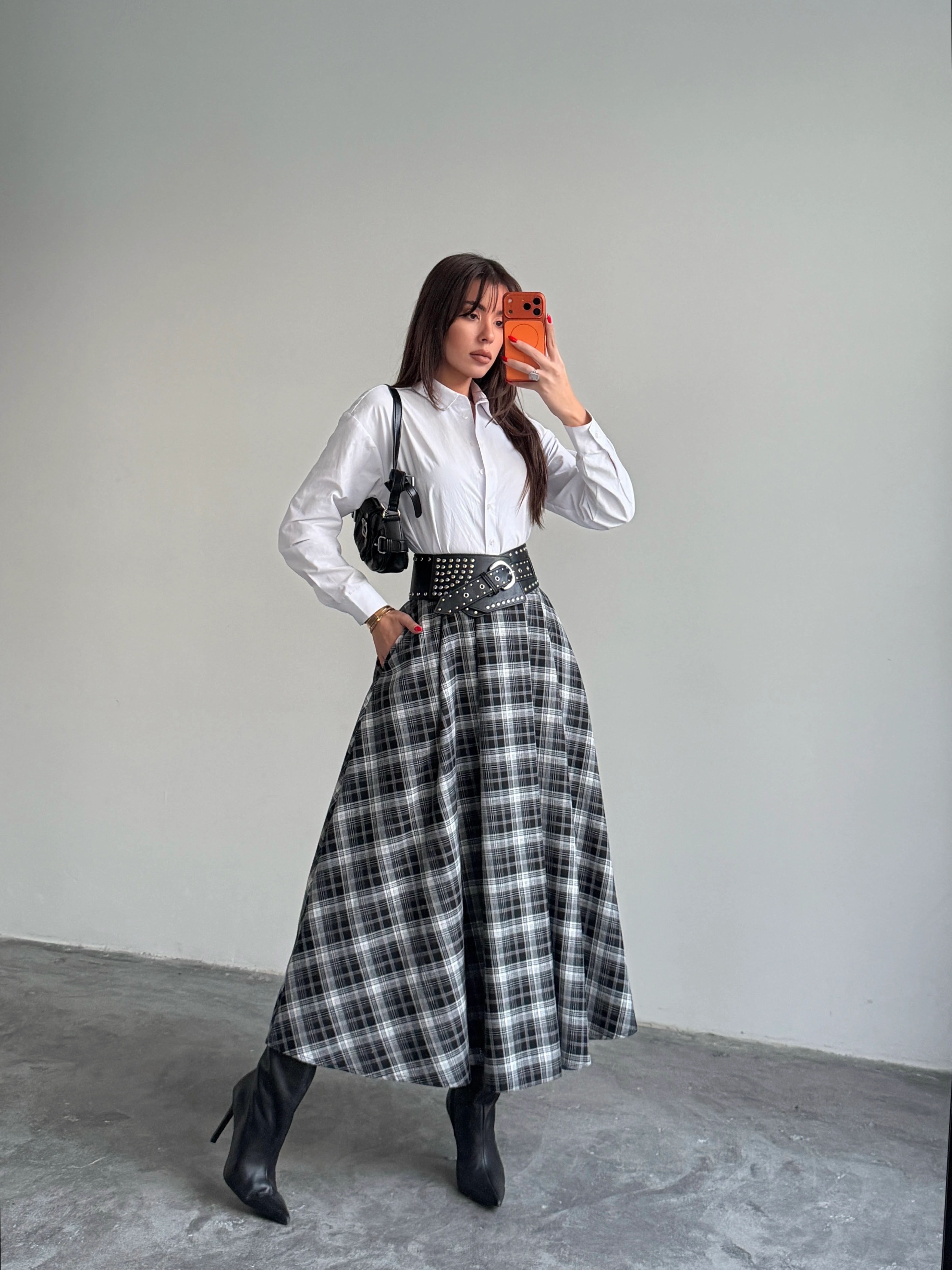 Pile Detaylı Ekose Kloş Etek