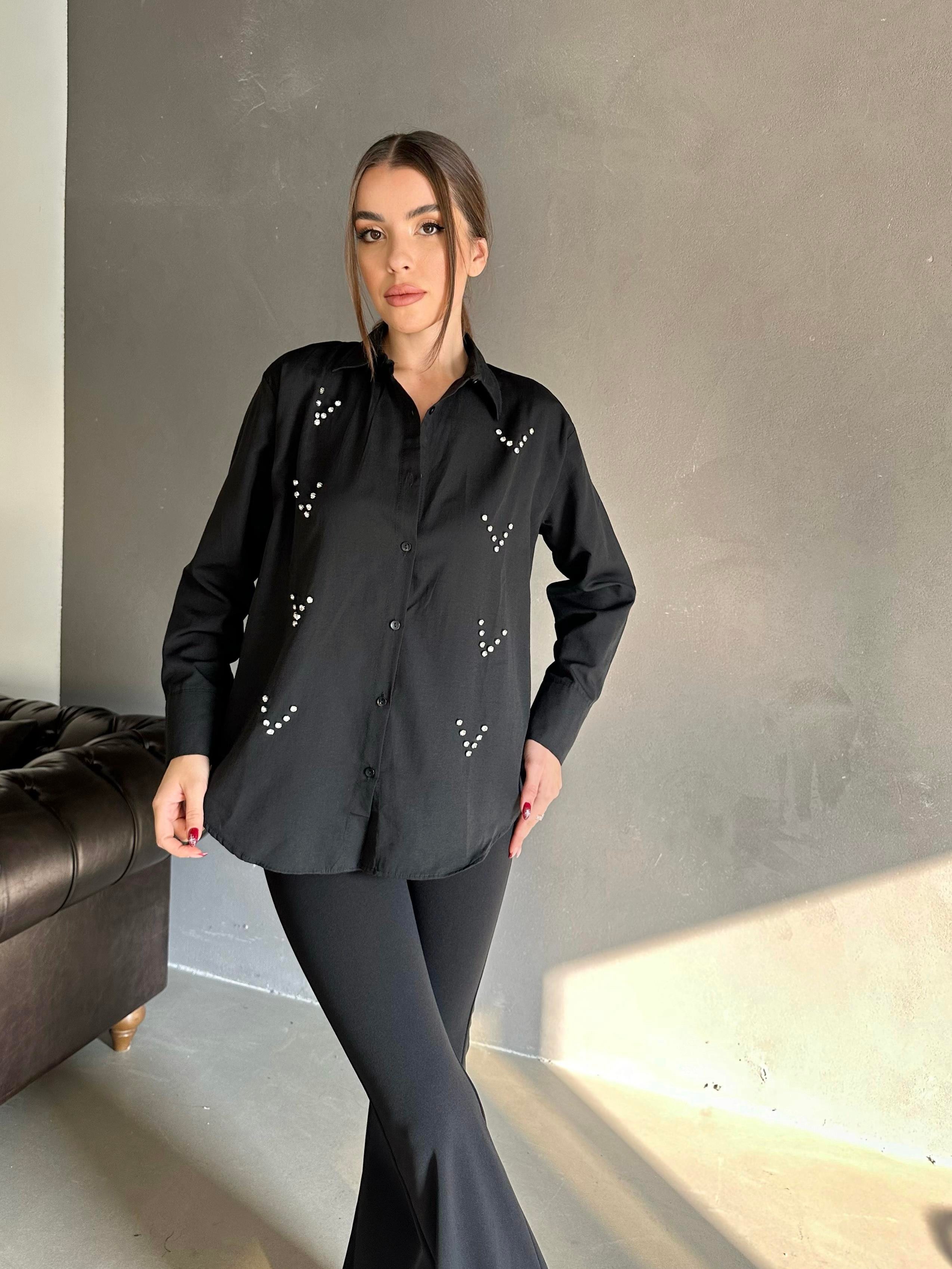 Taşlı Shimmer Gomlek Siyah