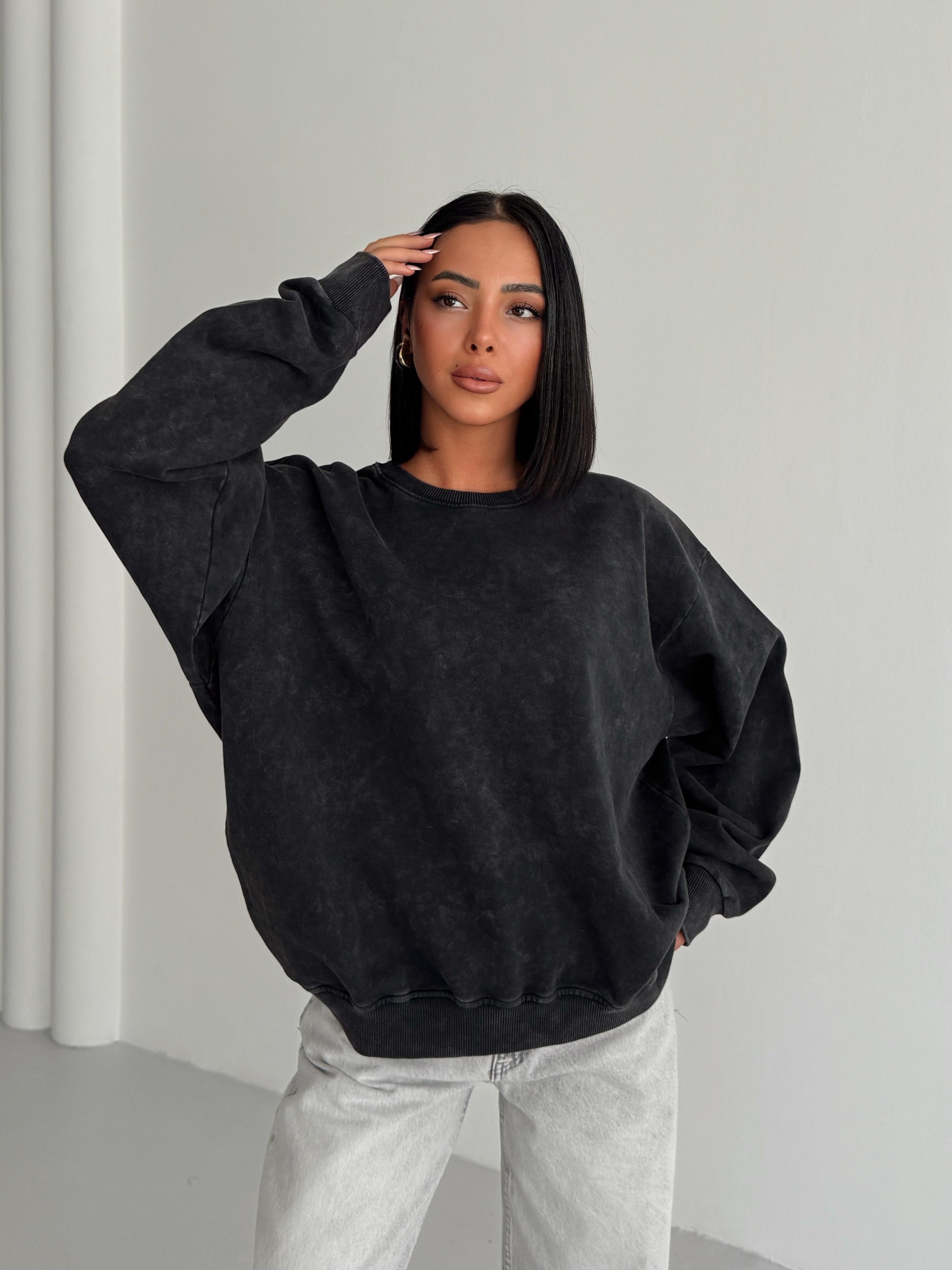 Bisiklet Yaka Yıkama Sweat - Füme