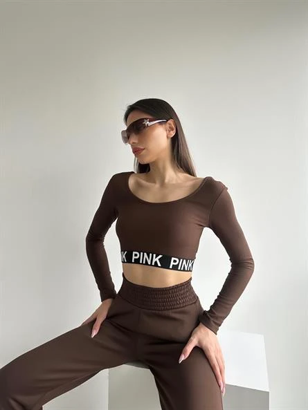 Geniş Yaka Fitilli Crop Bluz Kahverengi