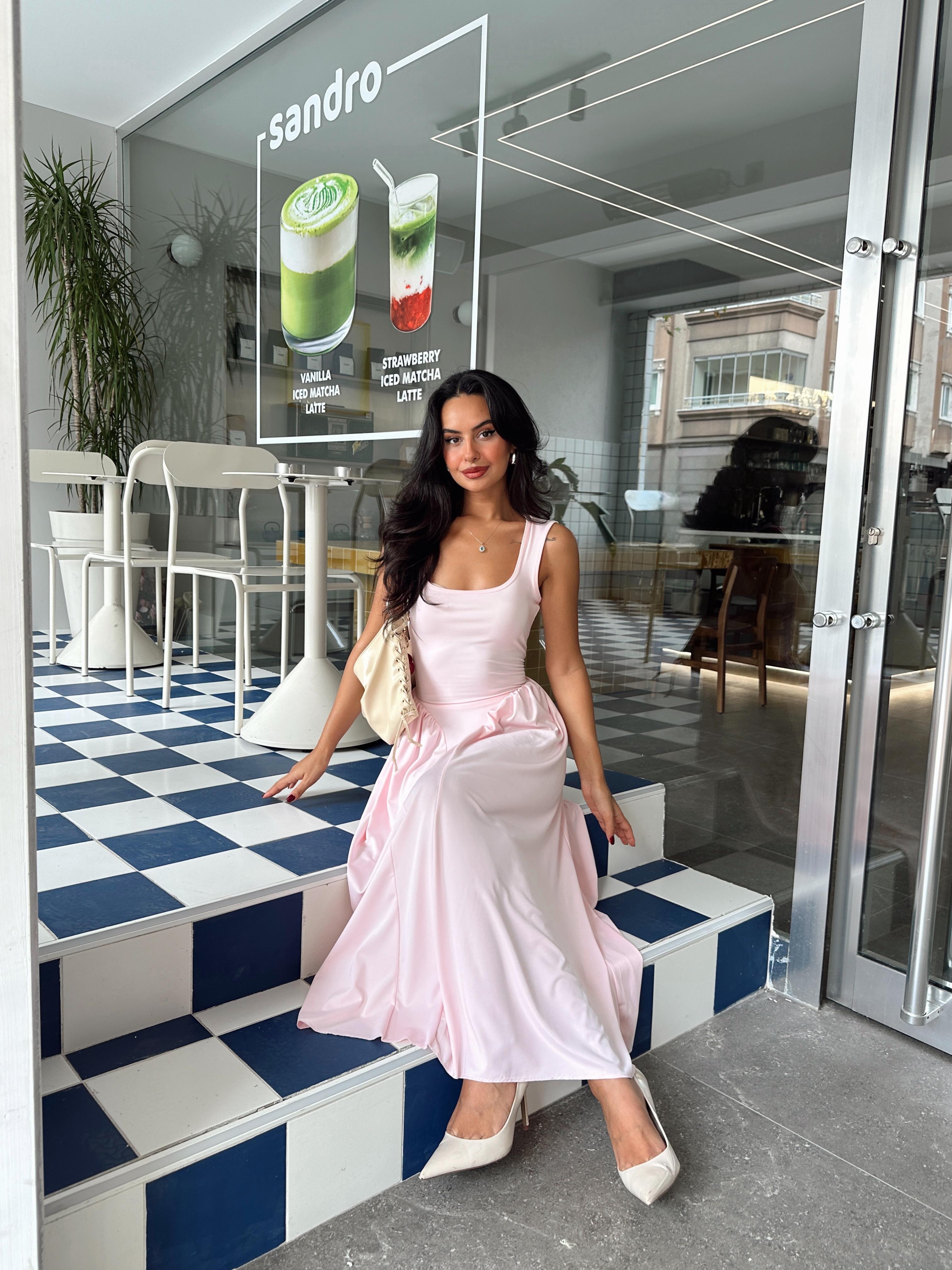 Korse Detaylı Midi Elbise - Pembe