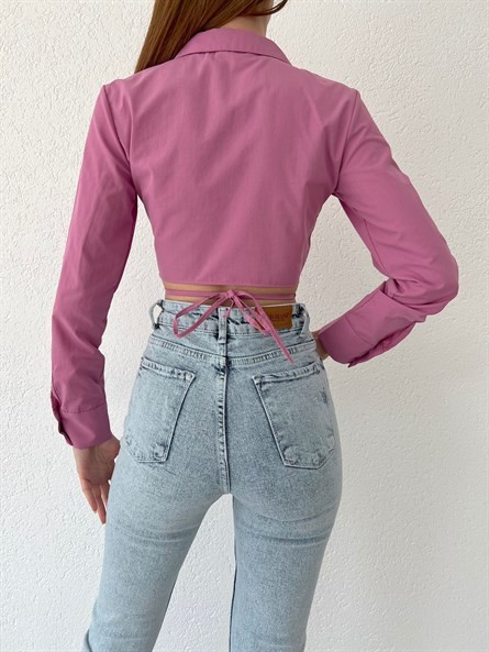 Halka Detay Crop Poplin Gömlek Gül Kurusu