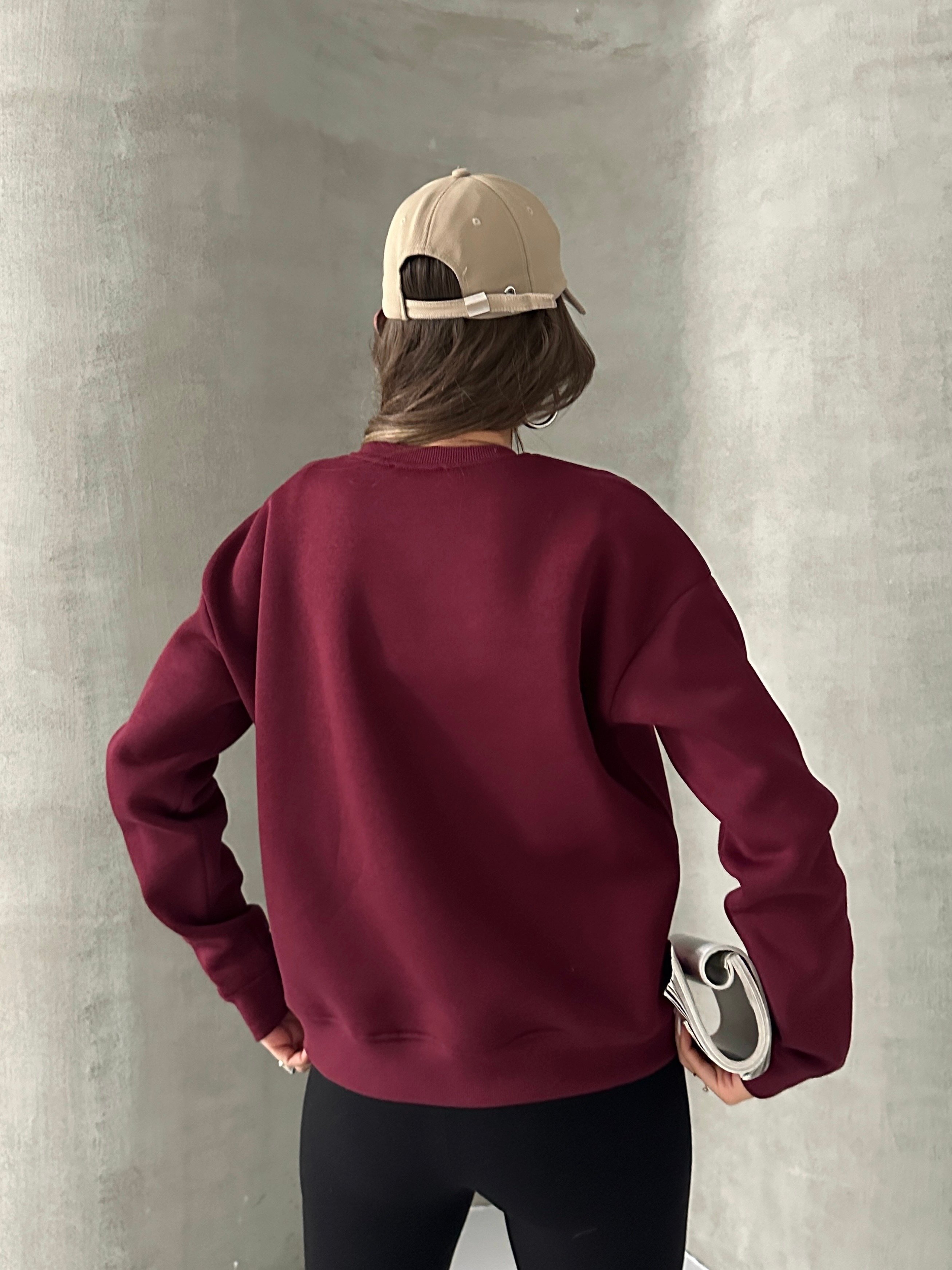 Düz Basic Sweatshırt - Bordo
