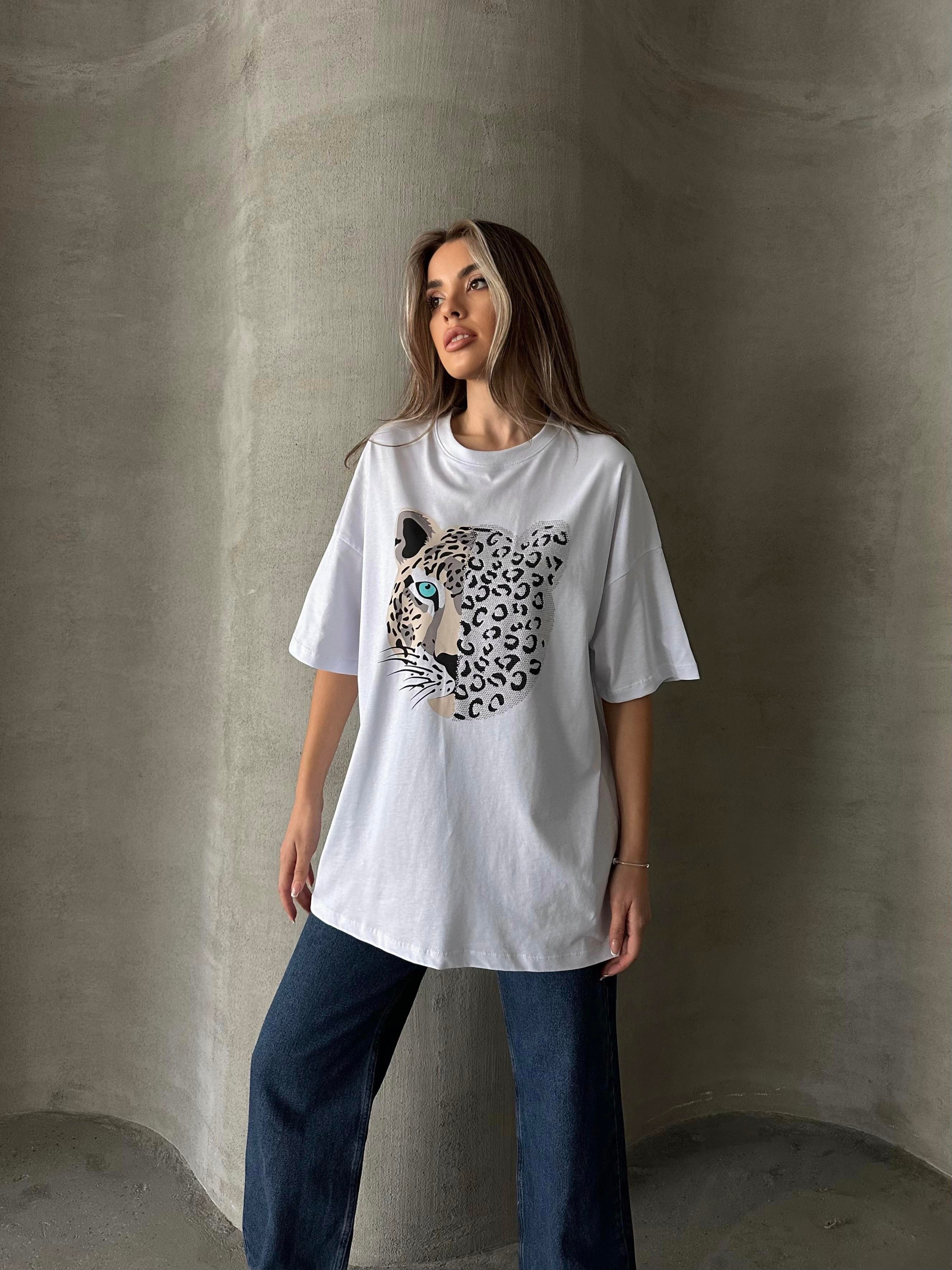 Woni Leopar Baskılı Tshirt Beyaz