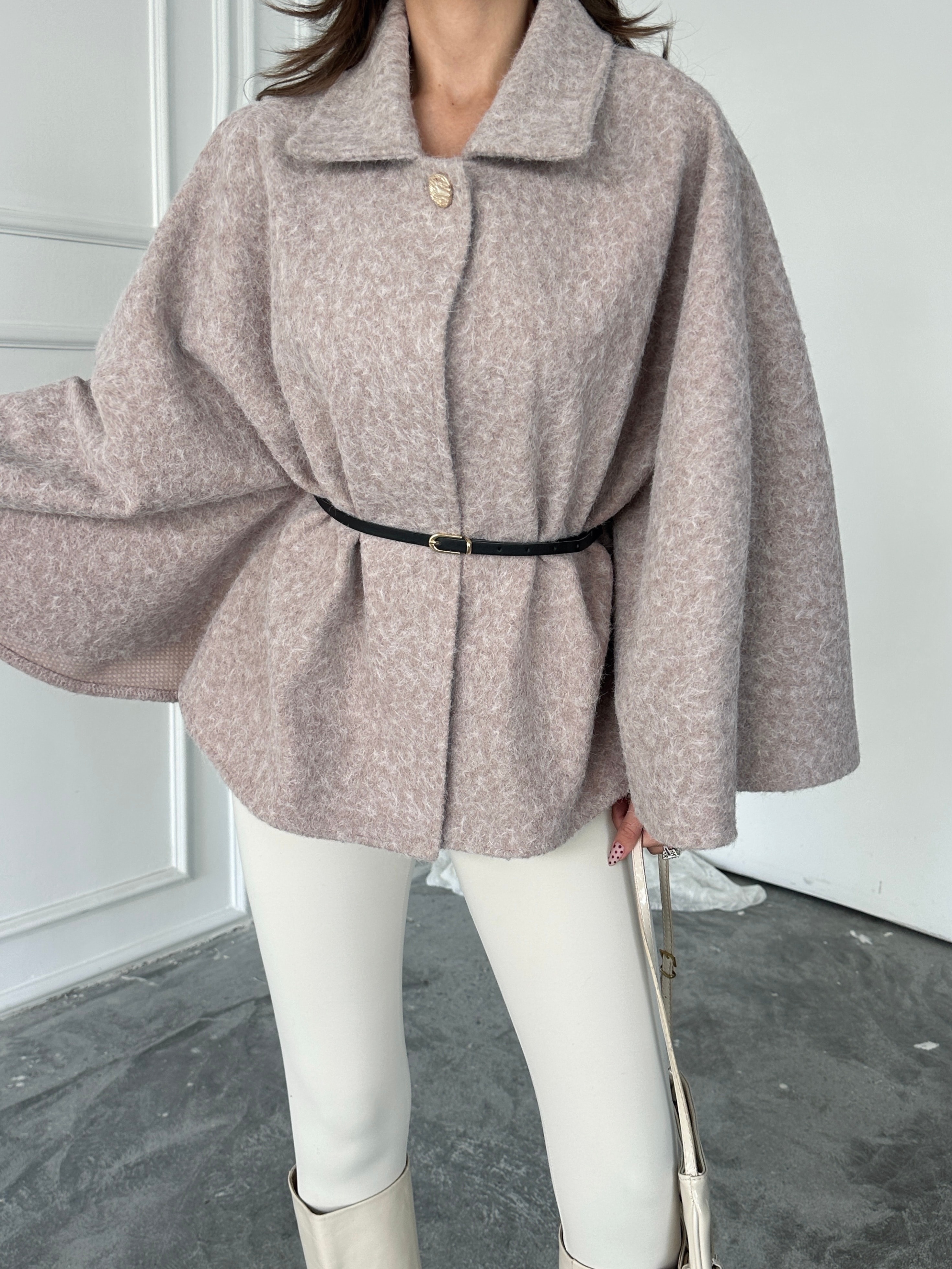 Kırçıllı Kaşe Panço  - Pudra Pembe