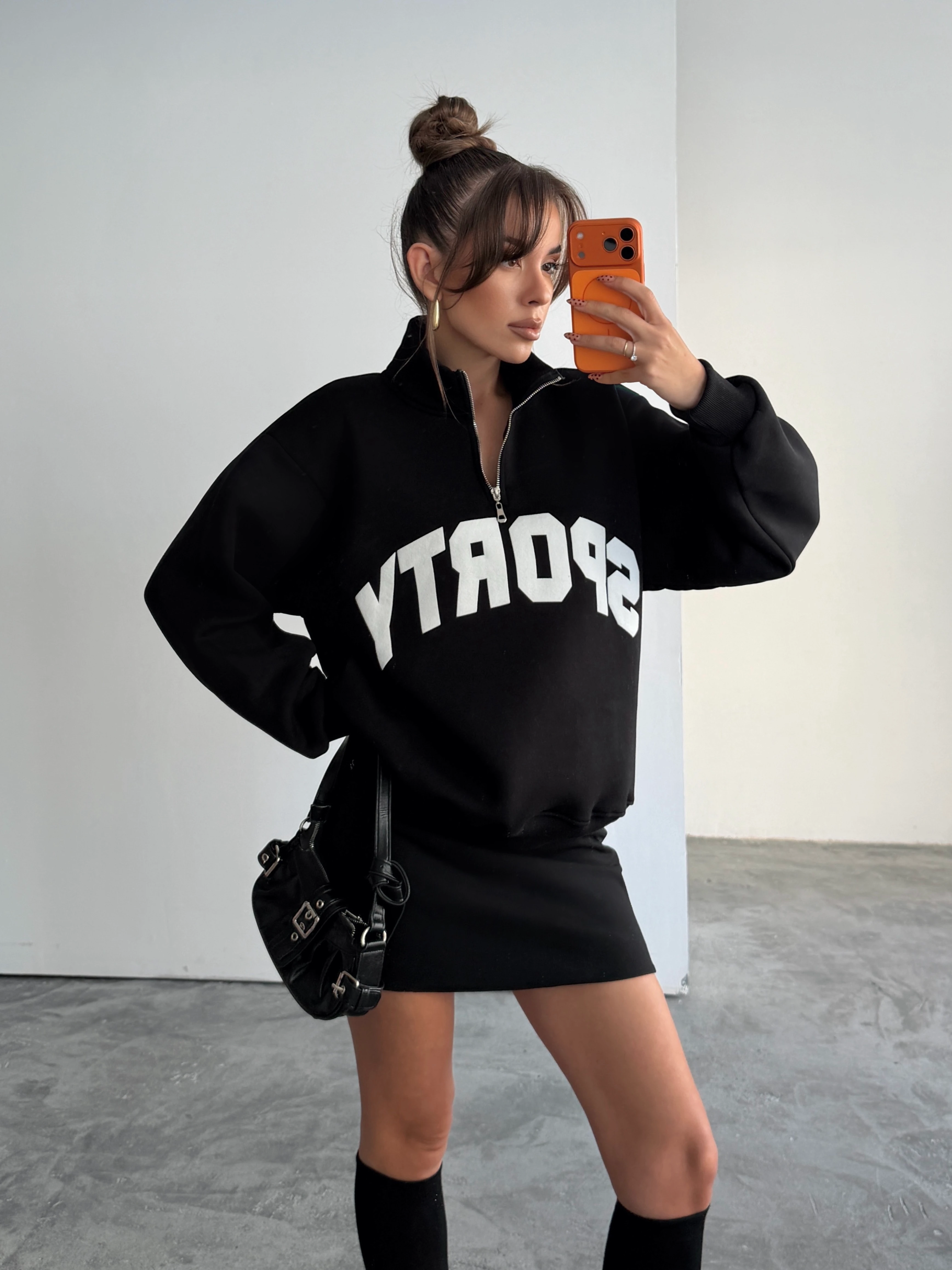 Sporty Yarım Fermuar Sweat - Siyah