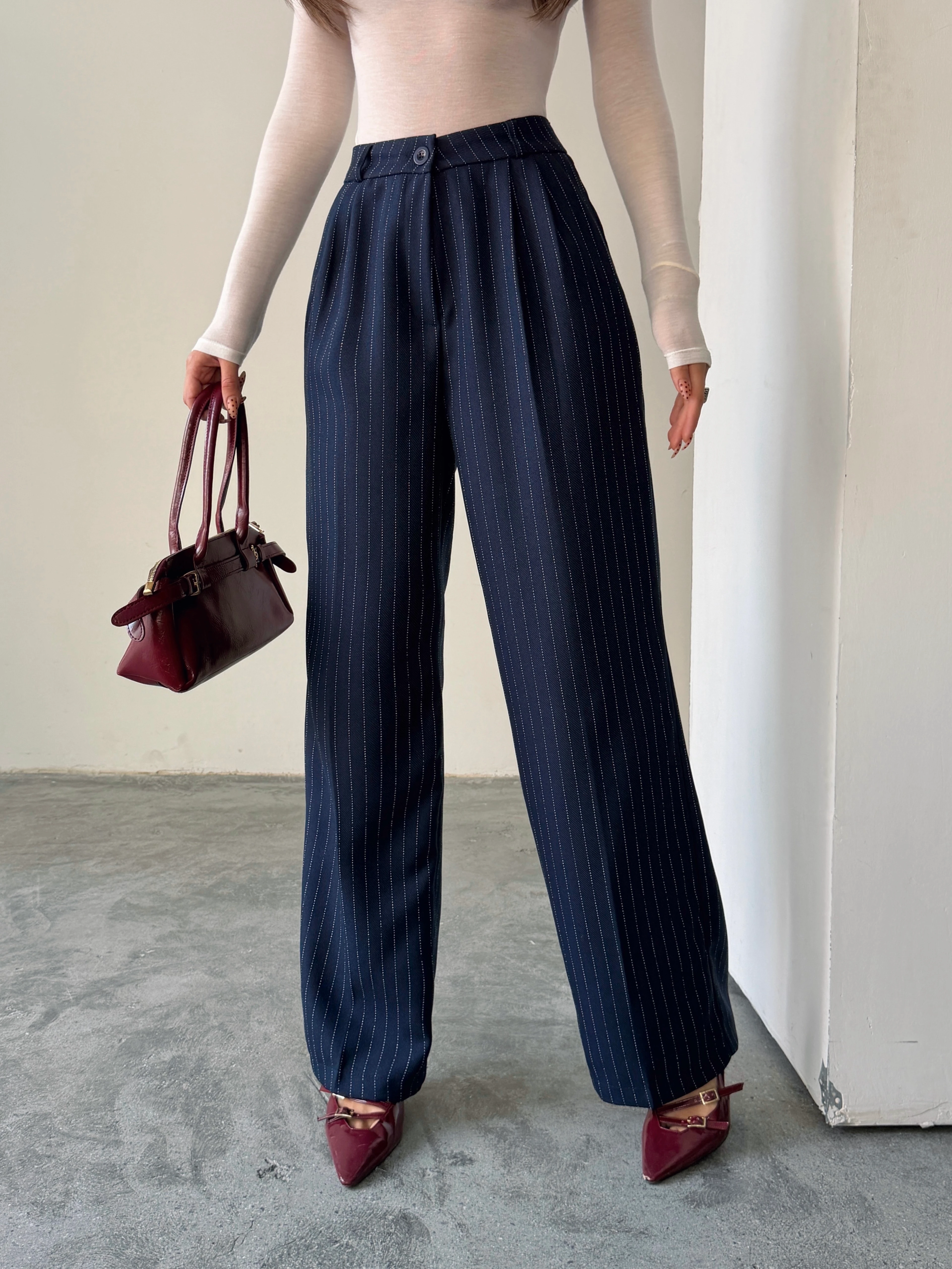 Yünefekt Çizgili Palazzo - Lacivert