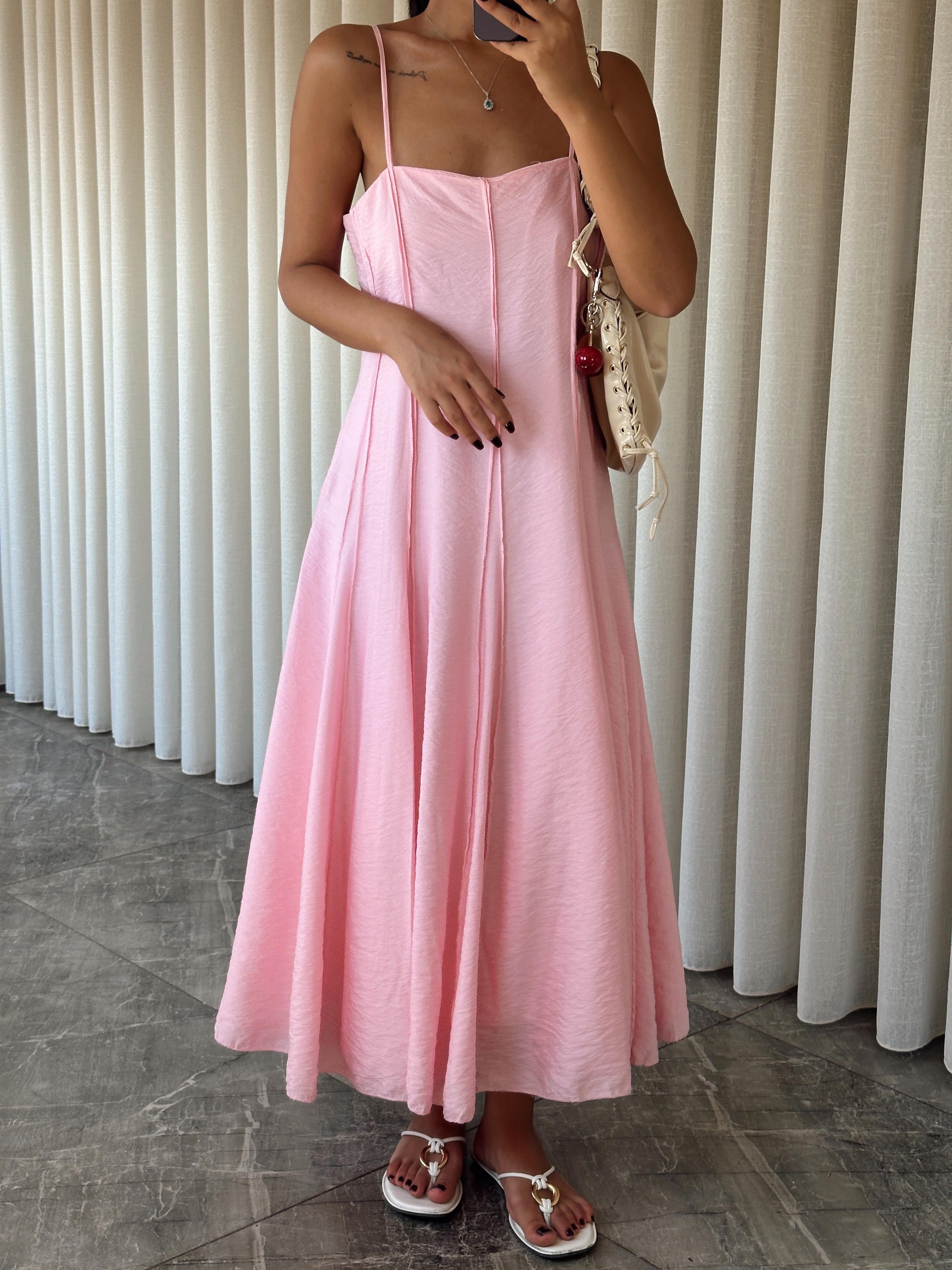Dikiş Detay Askılı Elbise - Pembe