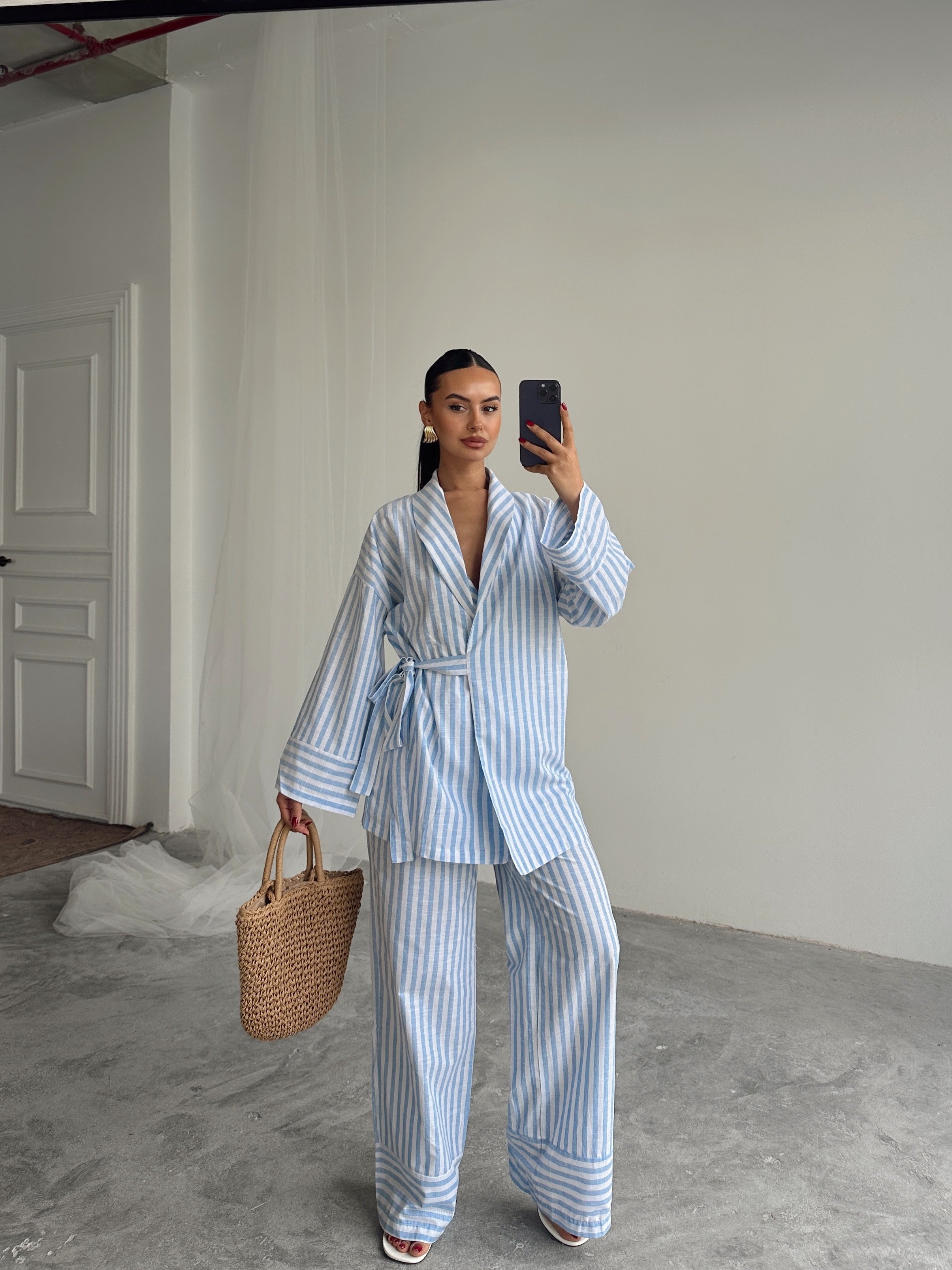 Çizgili Kimono Takım  - Mavi