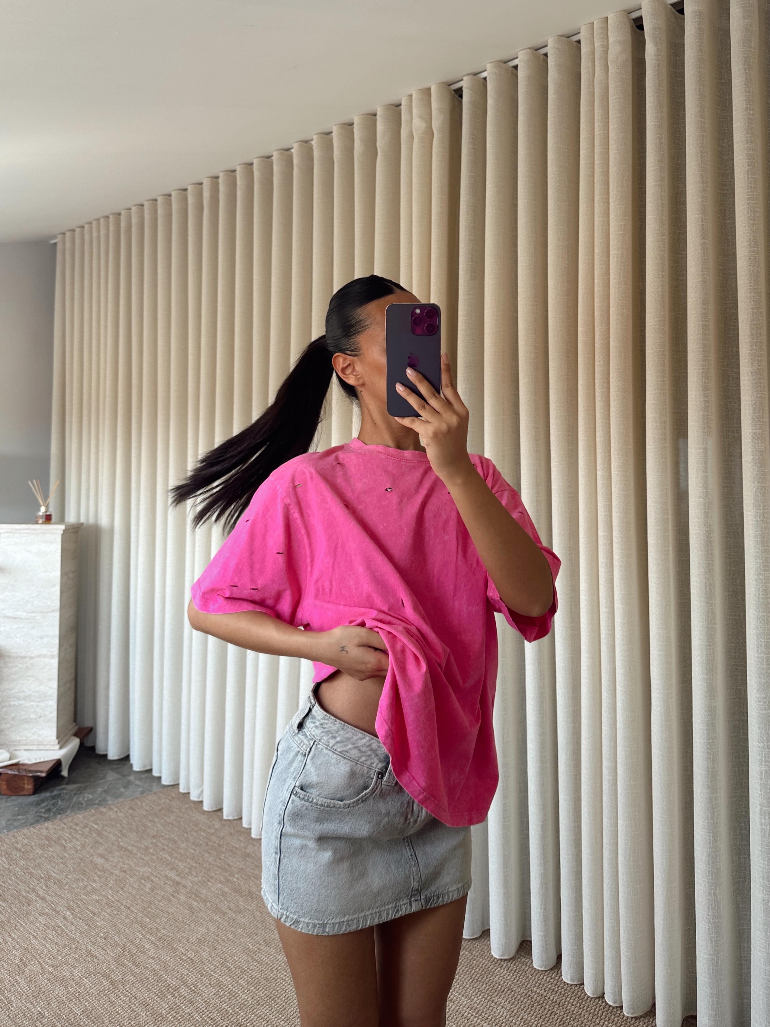 Delikli Yıkama T-shirt - Pembe