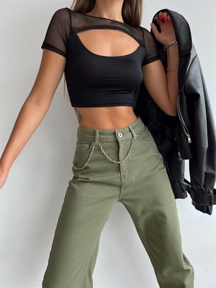 Pencere Detay Fileli Crop Siyah