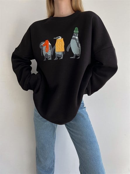 Penguen İşleme Oversize 3 İplik Sweatshirt Siyah