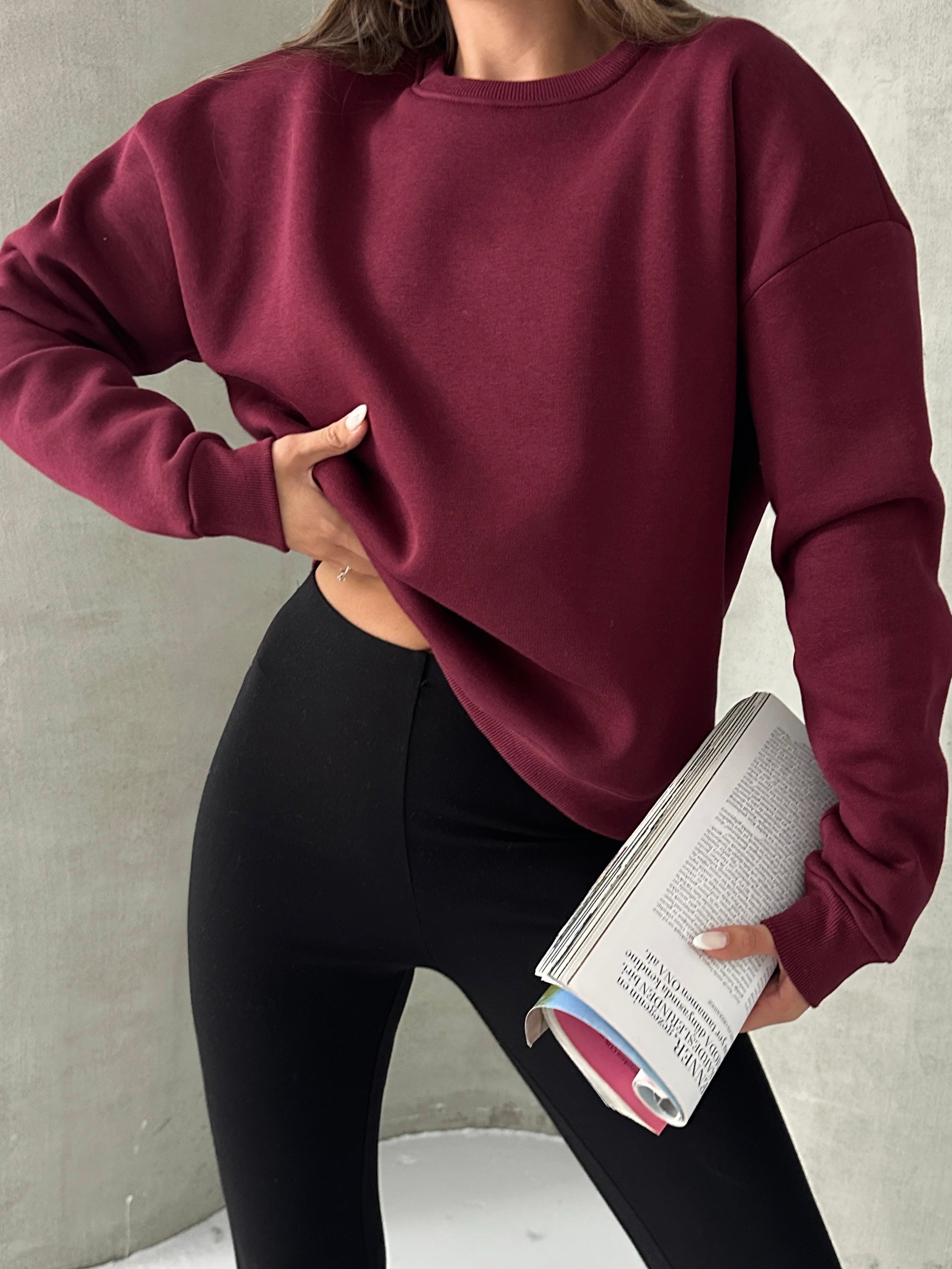 Düz Basic Sweatshırt - Bordo