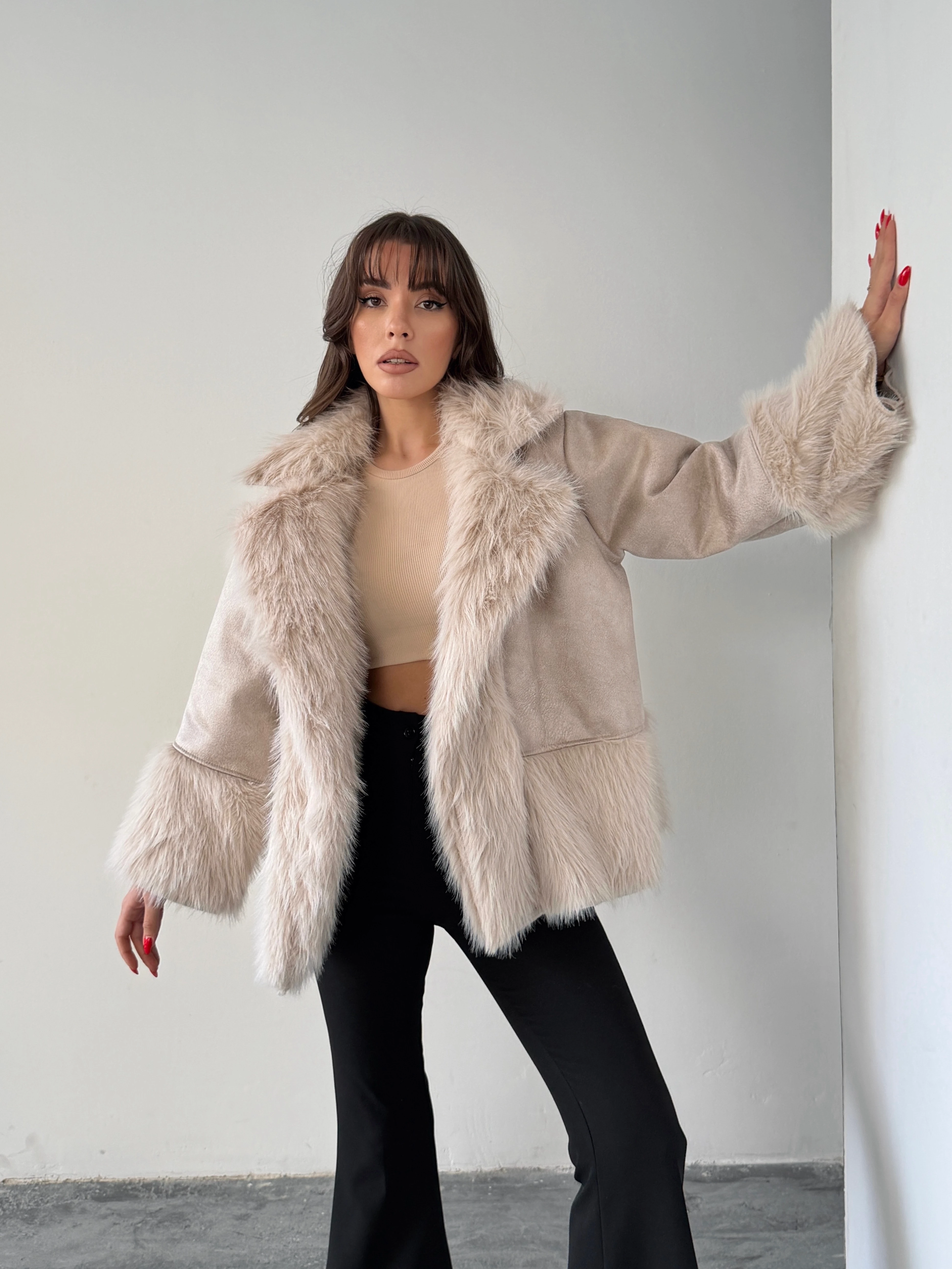 Kürklü Süet Kaban - Taş