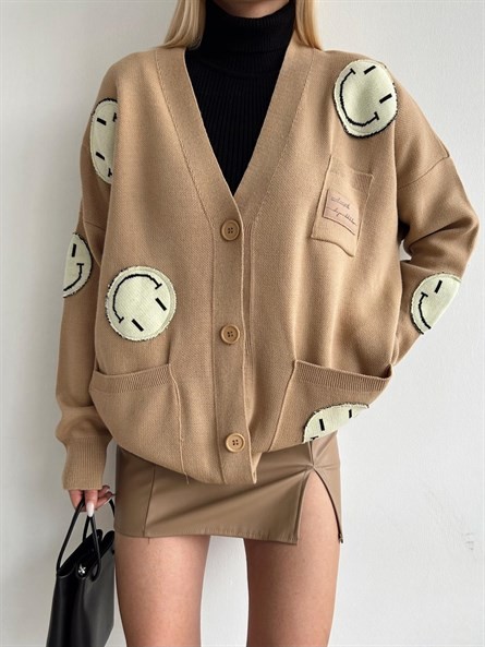 Oversize Emoji Triko Hırka Vizon