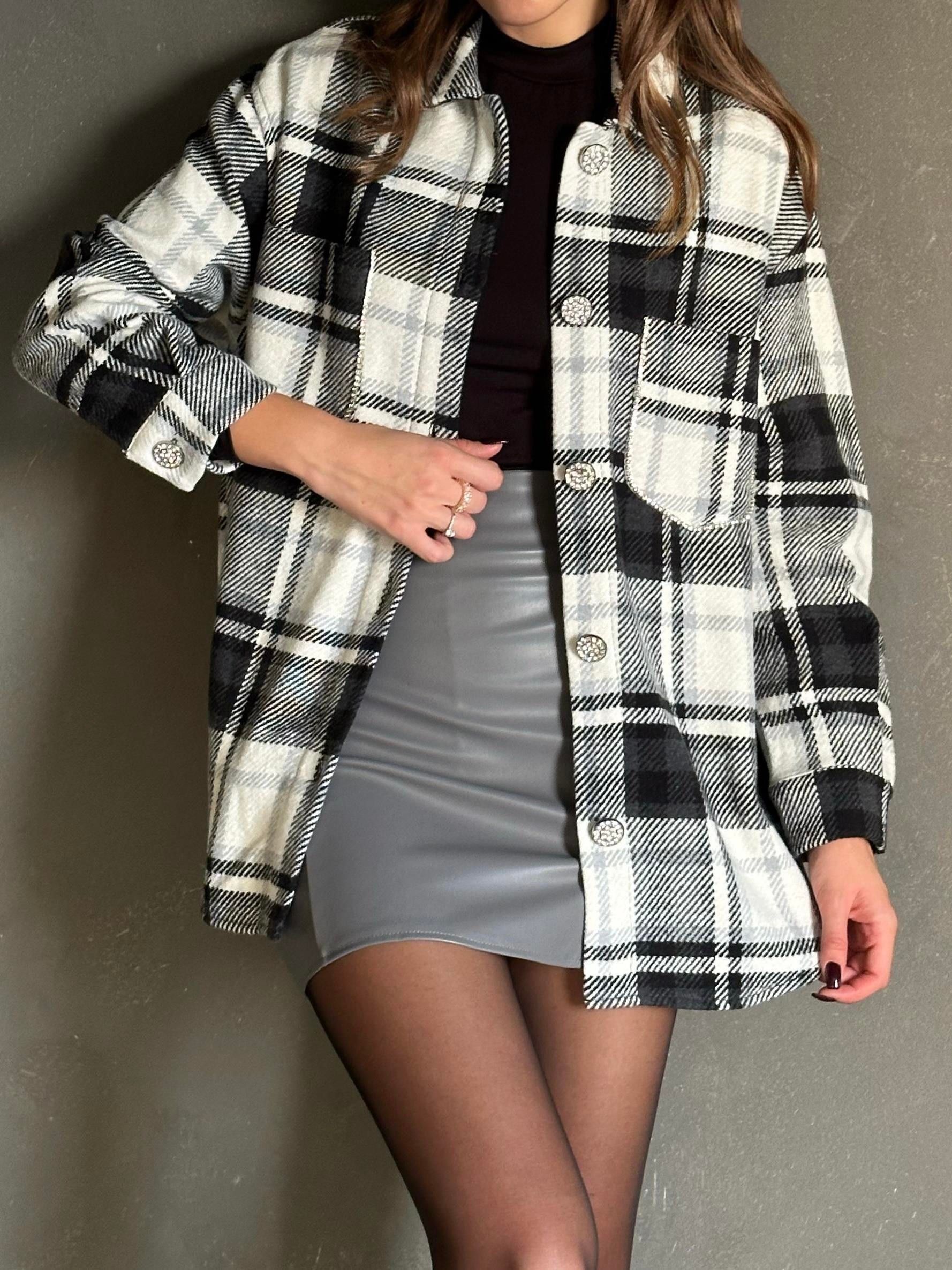 Diamond Detay Oversize Oduncu Ceket Siyah-Beyaz