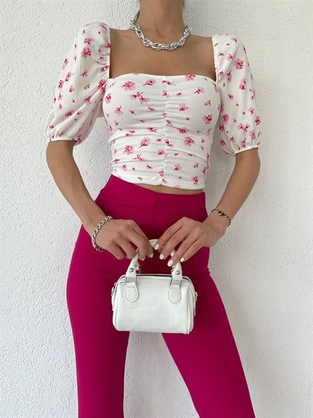 Balon Kol Çiçekli Bluz Beyaz-Pembe