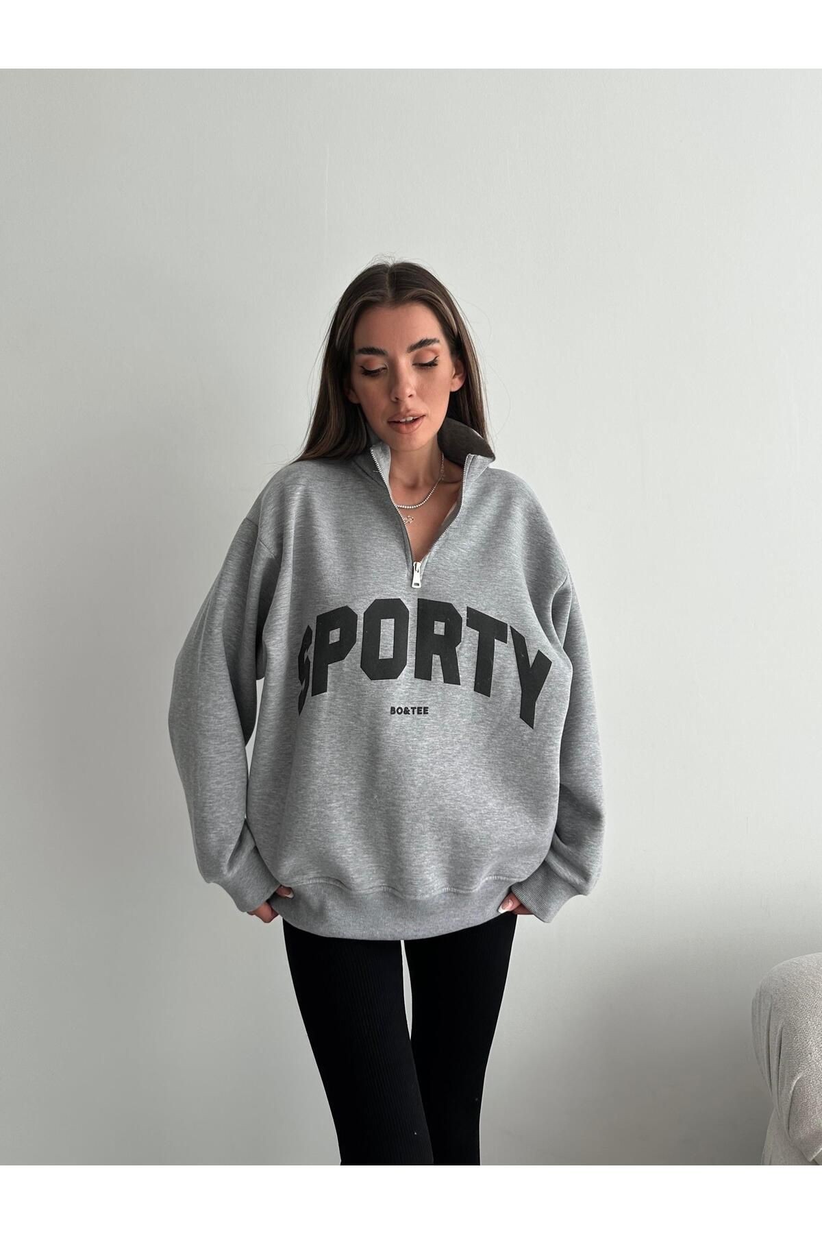 Yarım Fermuar Sporty Sweat Gri Melanj