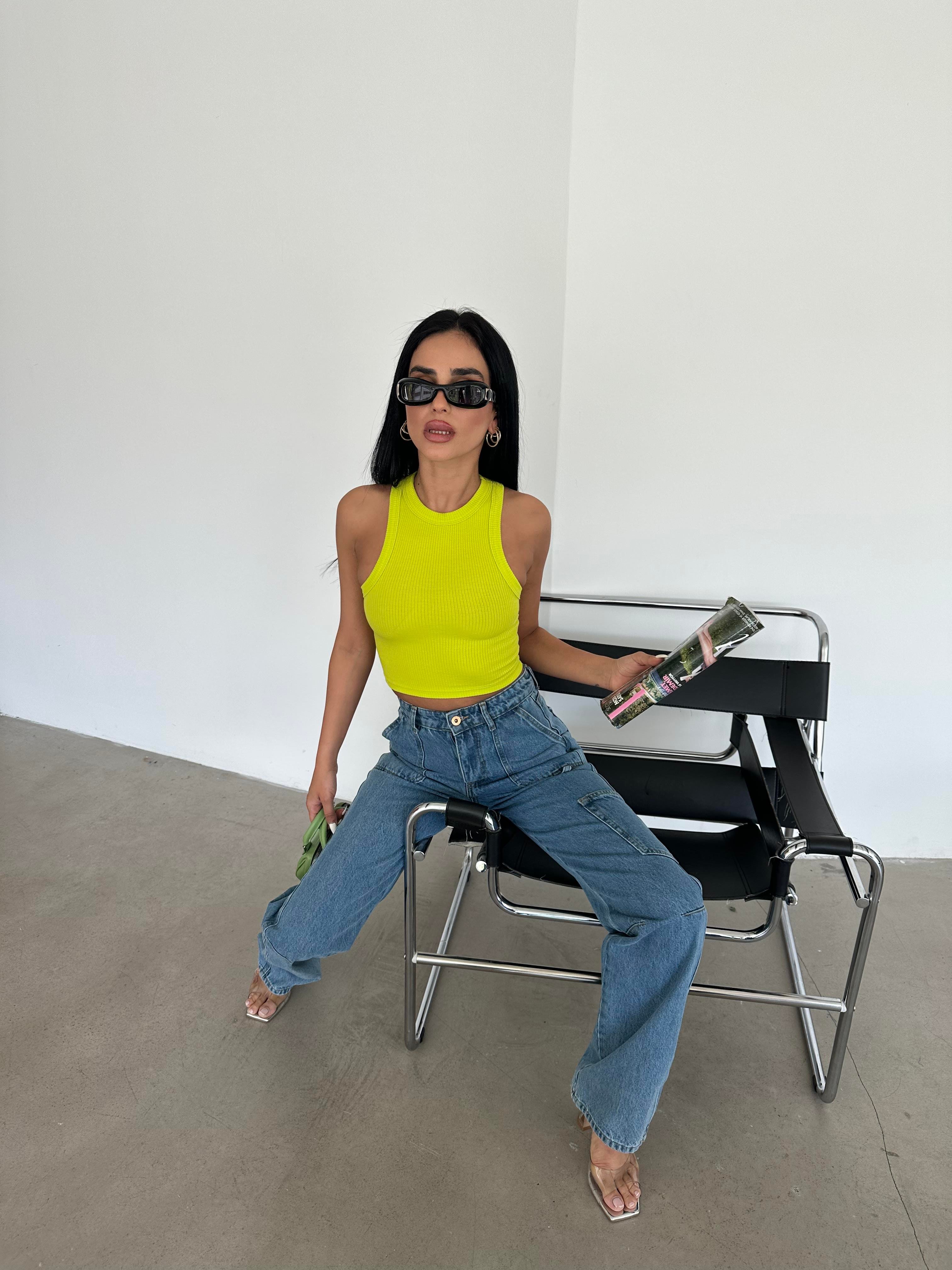 Halter Yaka Fitilli Crop Neon