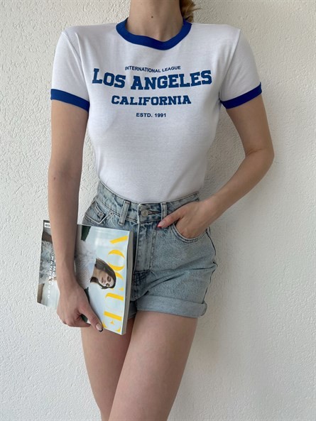 Los Angeles Bisiklet Yaka Crop Beyaz