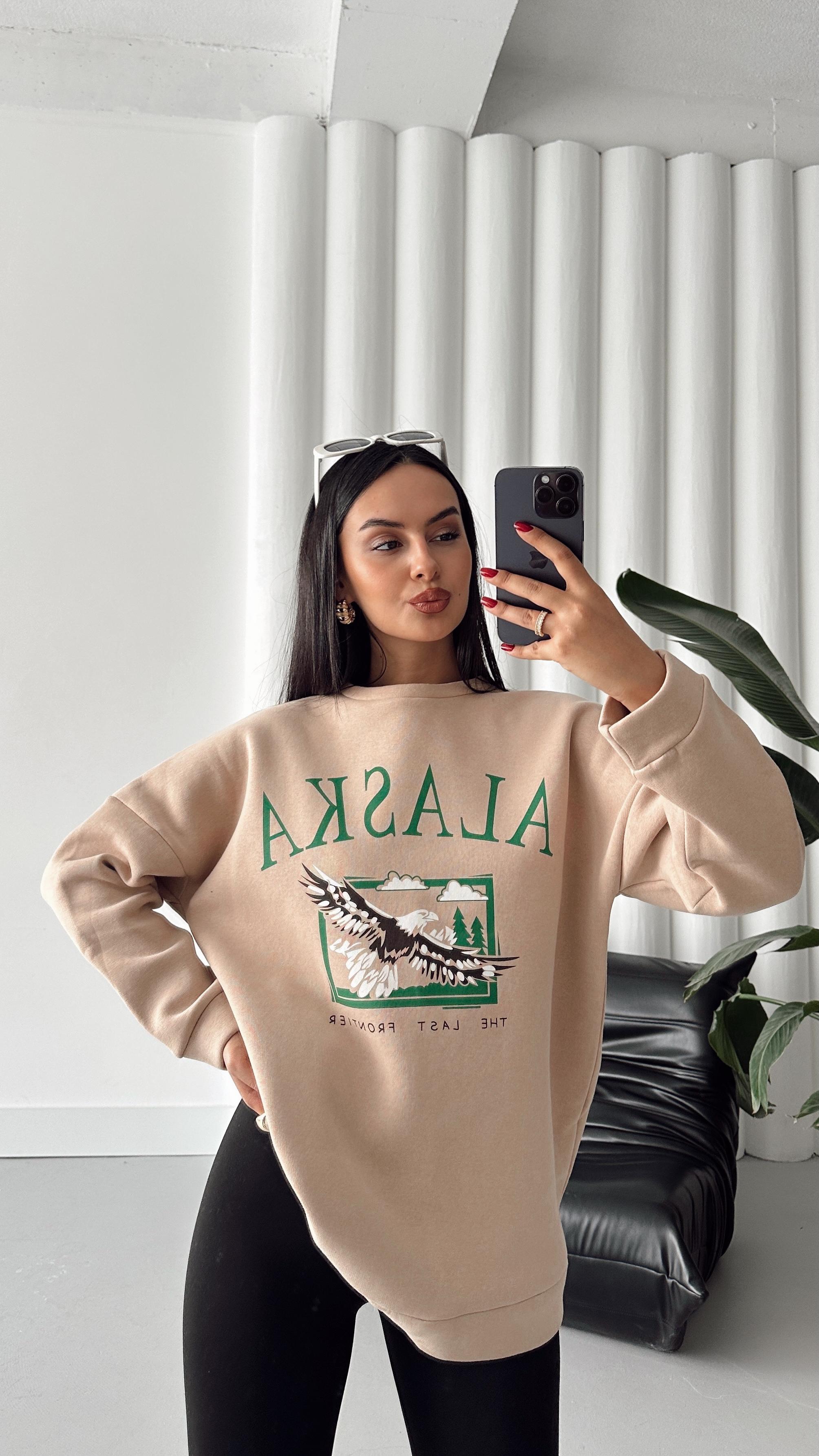 Alaska Üç İplik Şardonlu Oversize Sweat Vizon