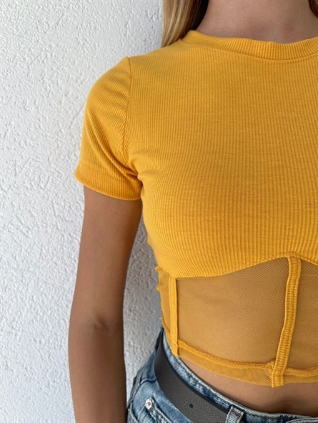 Transparan Korse Detay Basic Bluz Hardal