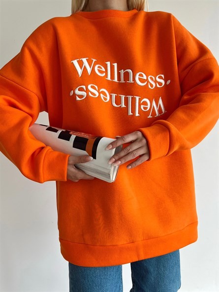 Wellness İşleme Nakışlı Oversize 3 İplik Şardonlu Sweatshirt Turuncu