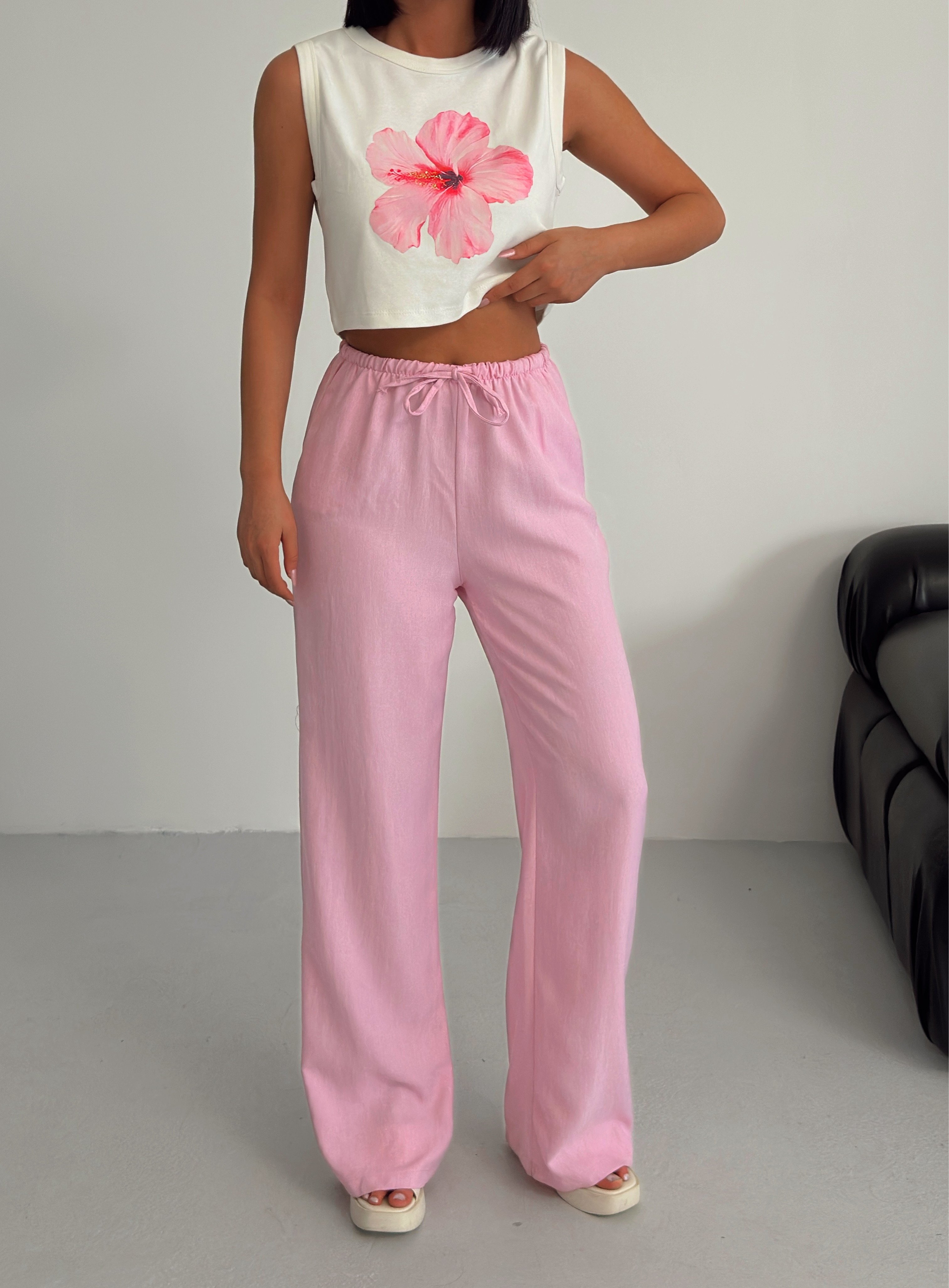 Beli İnce Lastikli Keten Palazzo - Pembe