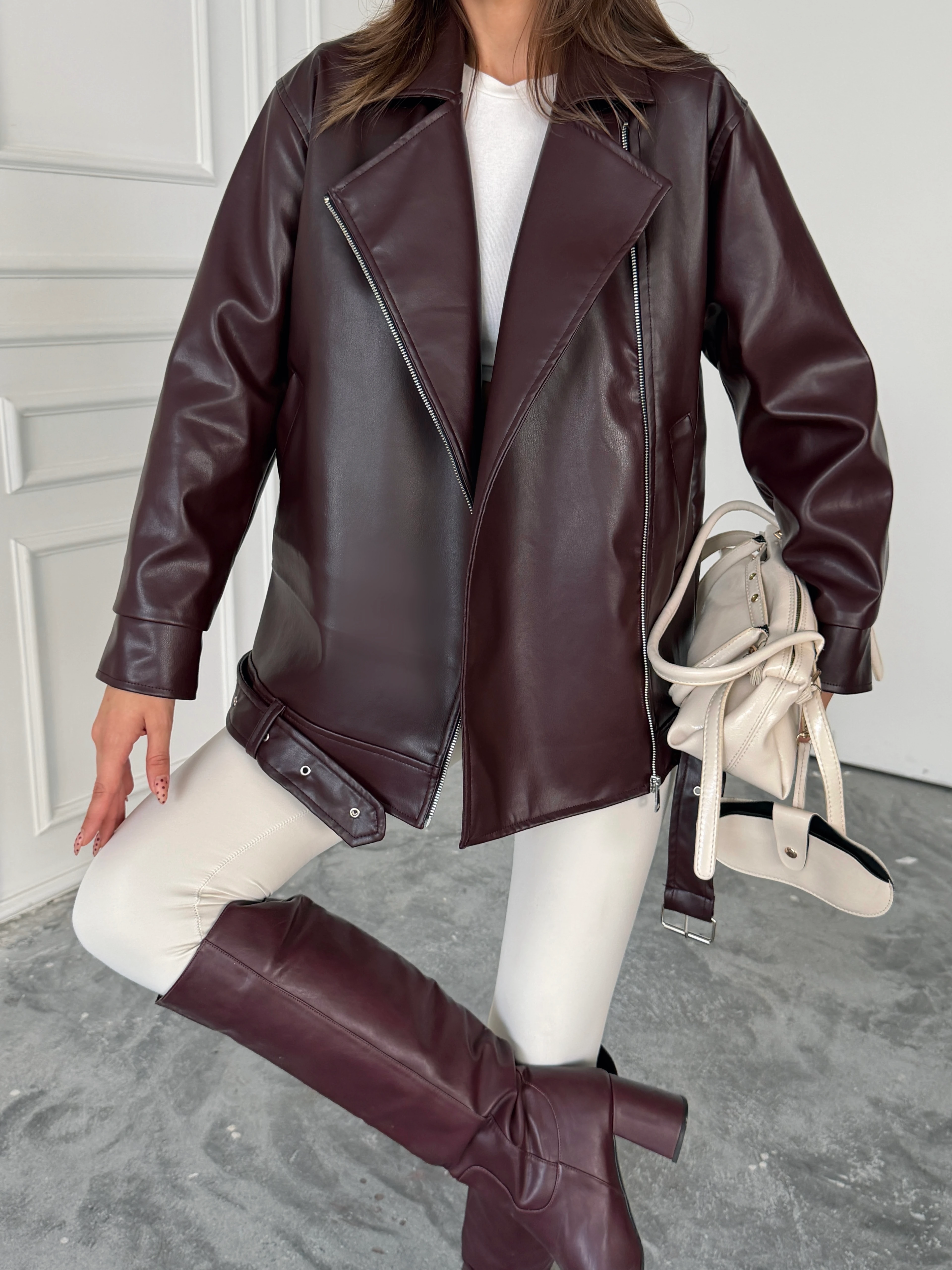 Kemerli Oversize Deri Ceket  - Bordo