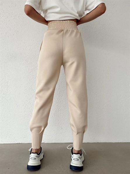Bel Lastik Pliseli Scuba Jogger Eşofman Bej