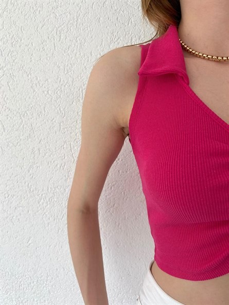 Polo Yaka Ön Büzgü Crop Fuşya