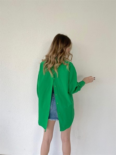 Sırt Düğme Detay Oversize Gömlek Koyu Yeşil