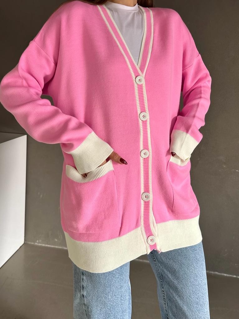 Cepli Oversize Triko Hırka Pembe