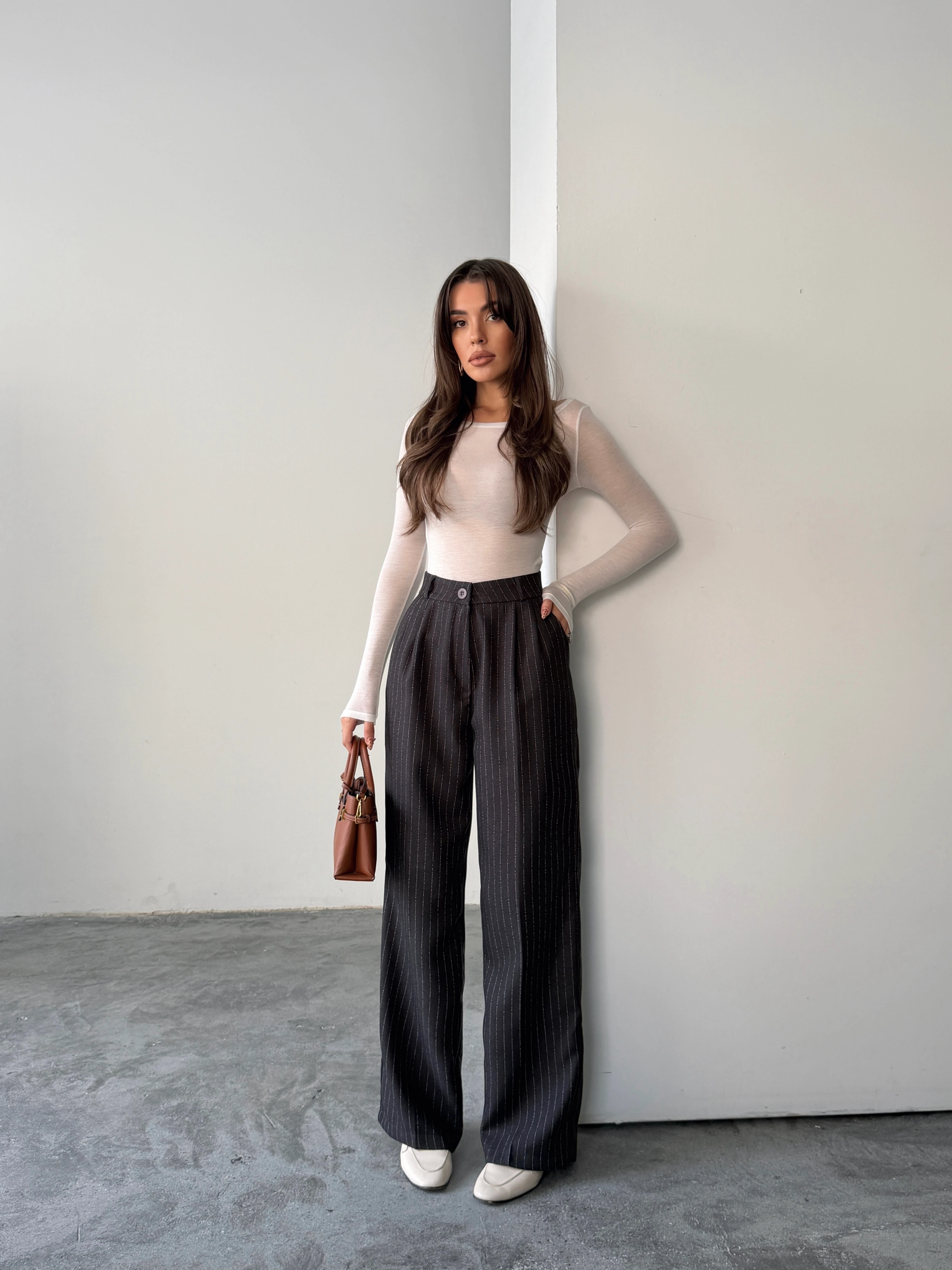 Yünefekt Çizgili Palazzo - Füme