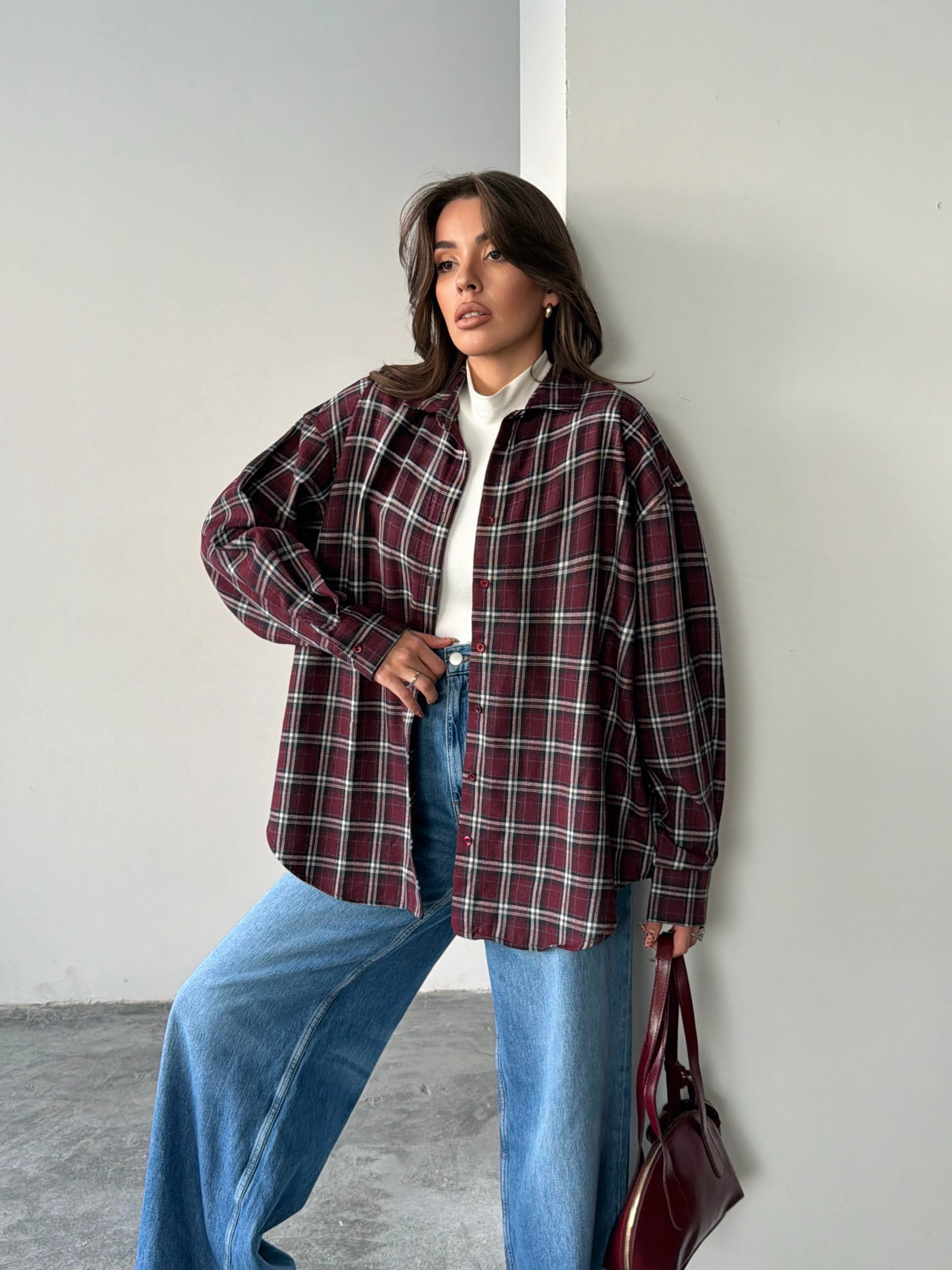 Kareli Oversize Gömlek - Bordo