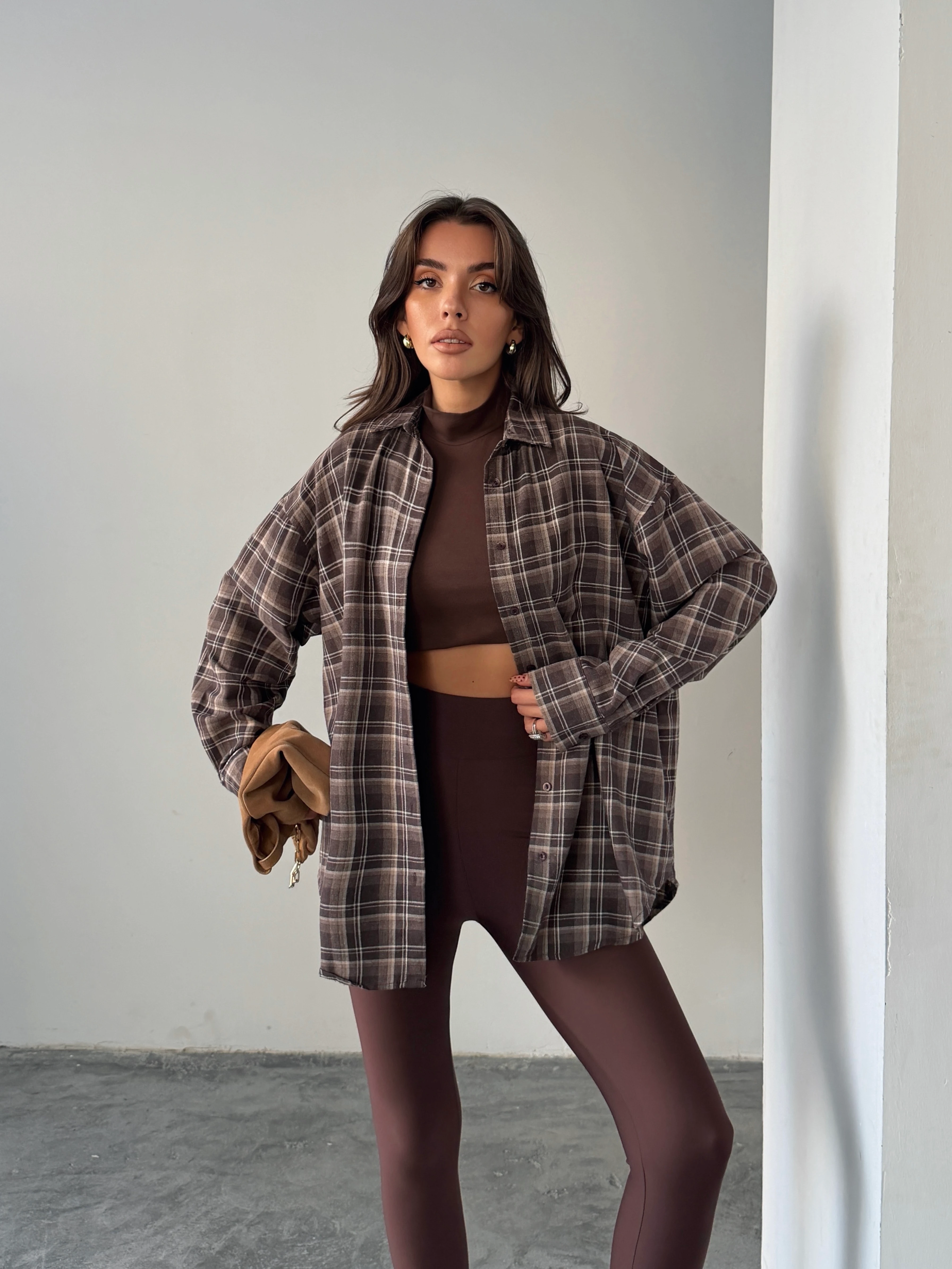 Kareli Oversize Gömlek - Kahve