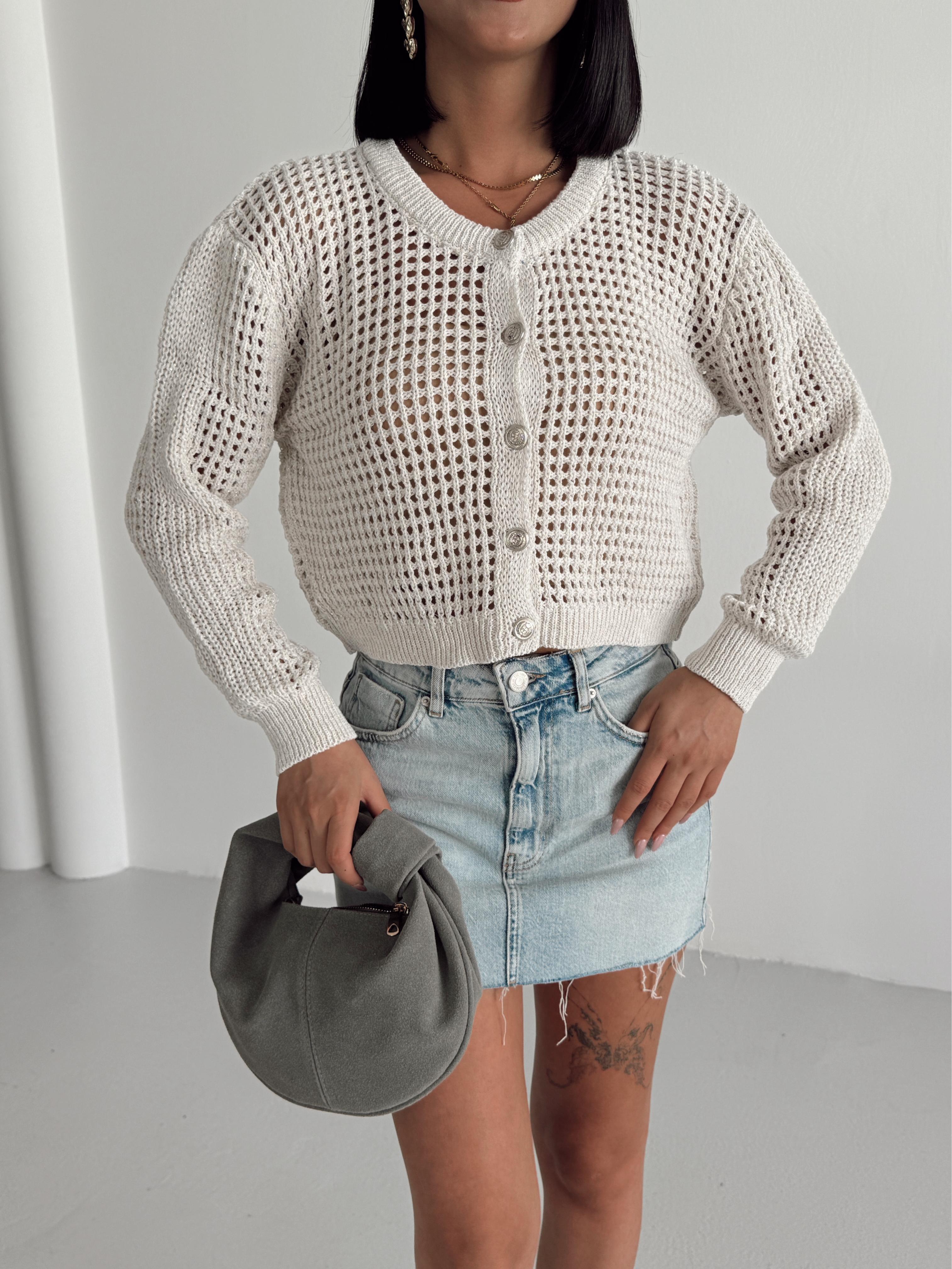 Simli Crop Hırka  - Krem