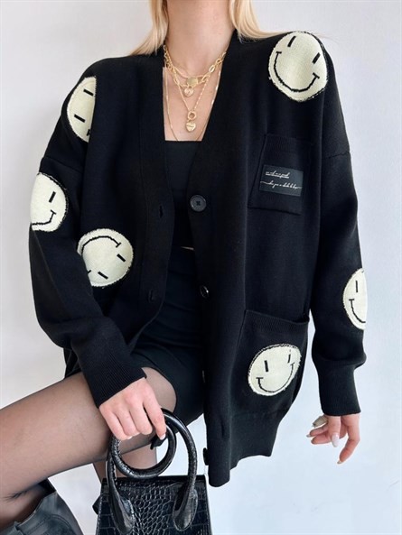 Oversize Emoji Triko Hırka Siyah